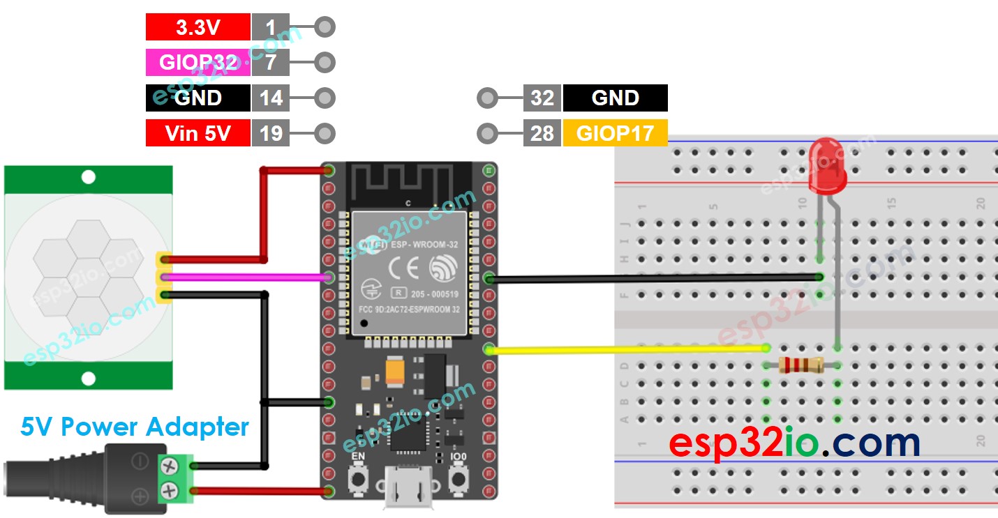 Diagrama de Ligação ESP32 Sensor de Movimento LED com adaptador de 5V
