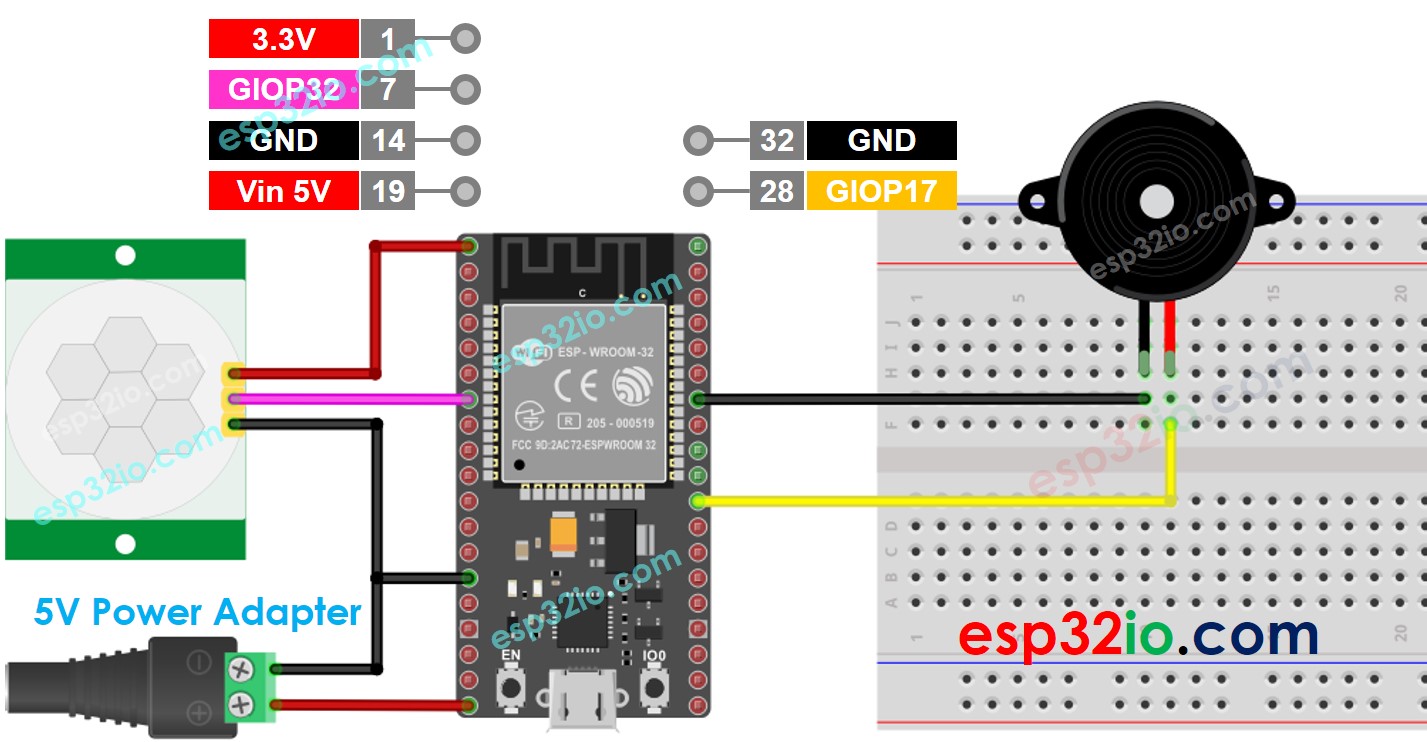 Diagrama de Ligação ESP32 Sensor de Movimento Buzzer Piezo com adaptador de 5V