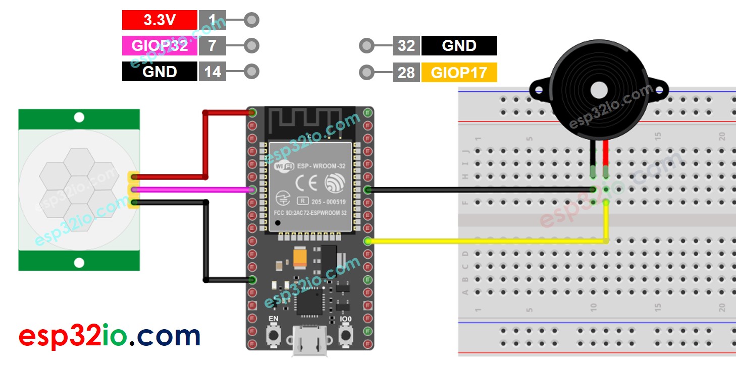 Diagrama de Ligação ESP32 Sensor de Movimento Buzzer Piezo
