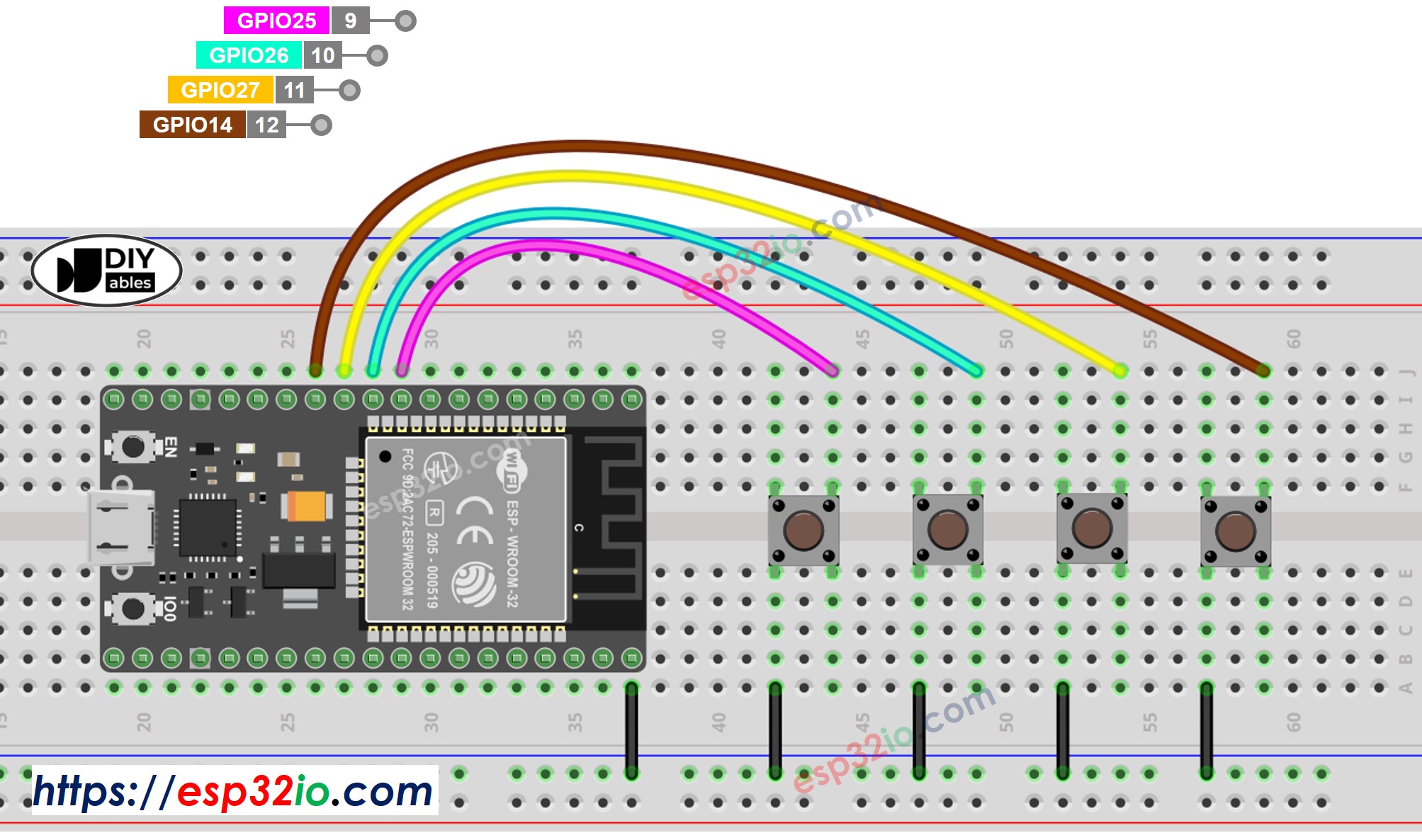Diagrama de Ligação de vários botões com ESP32
