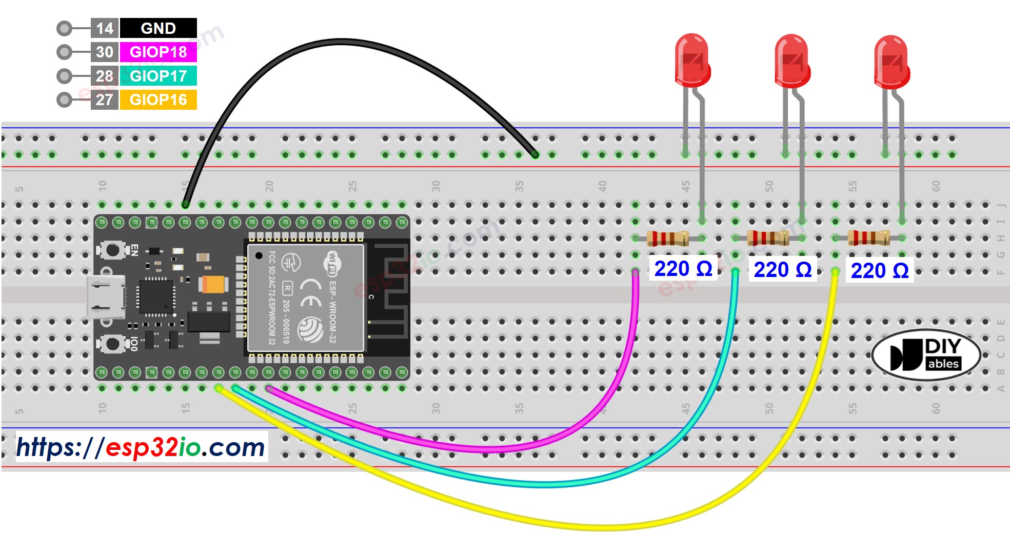 Diagrama de ligação ESP32 vários LEDs