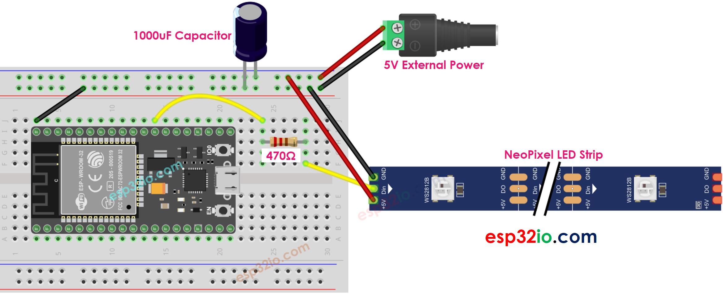 Diagrama de Ligação do ESP32 com a fita LED RGB NeoPixel