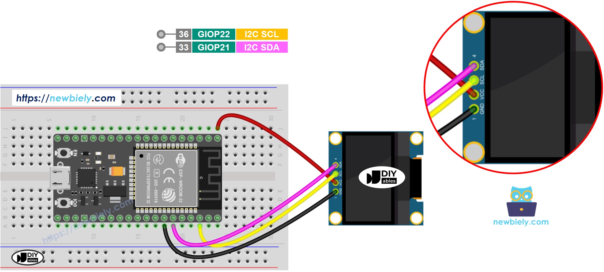 Diagrama de ligação do ESP32 com OLED 128x64
