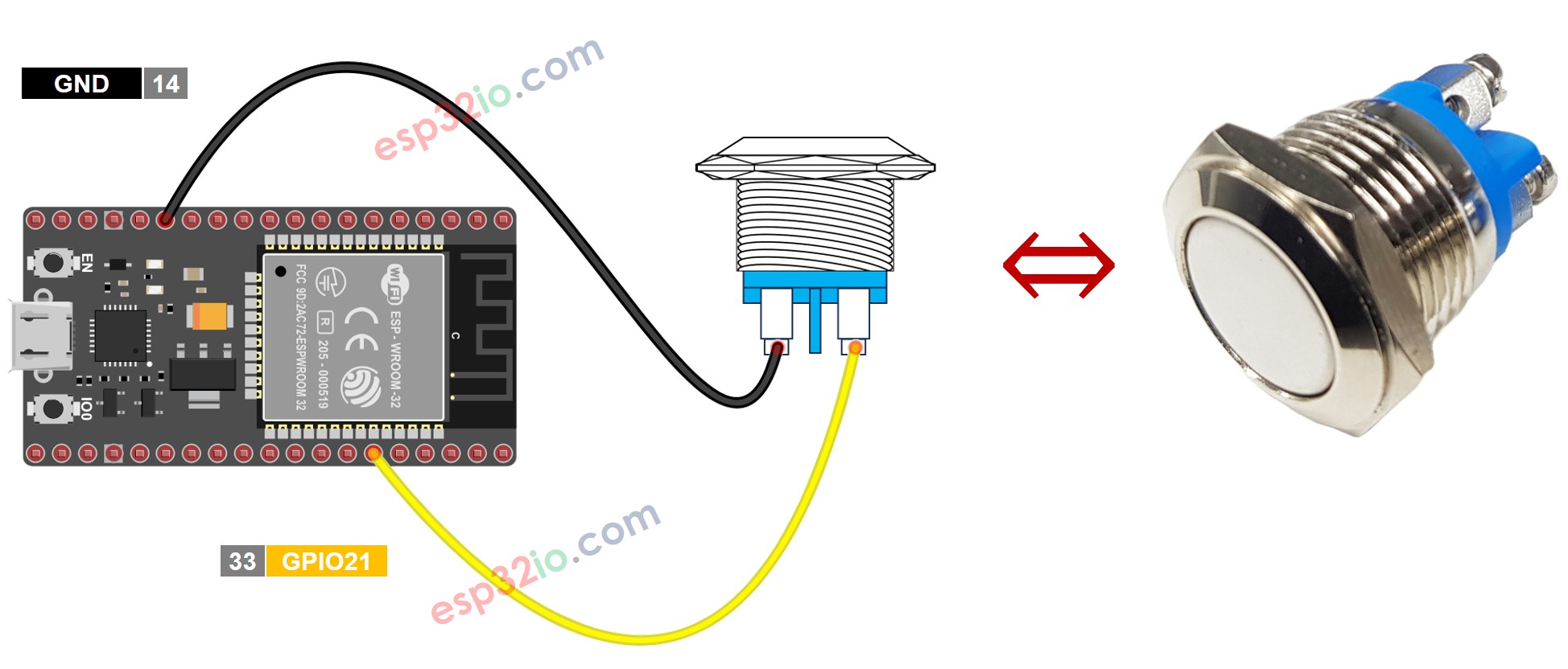 Diagrama de Ligação do botão de pressão de dois pinos com ESP32