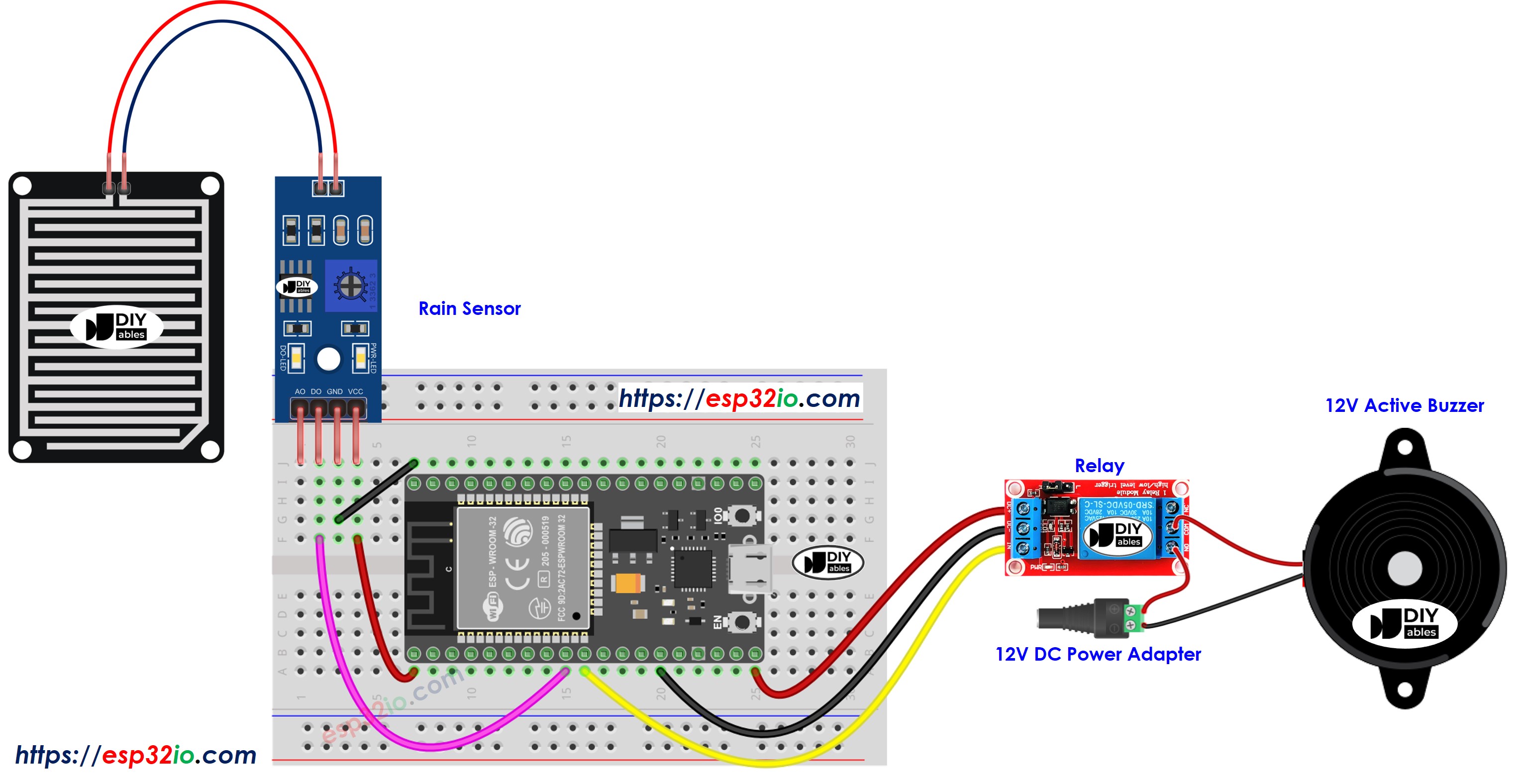 The wiring diagram between ESP32 Rain Sensor 12V Buzzer