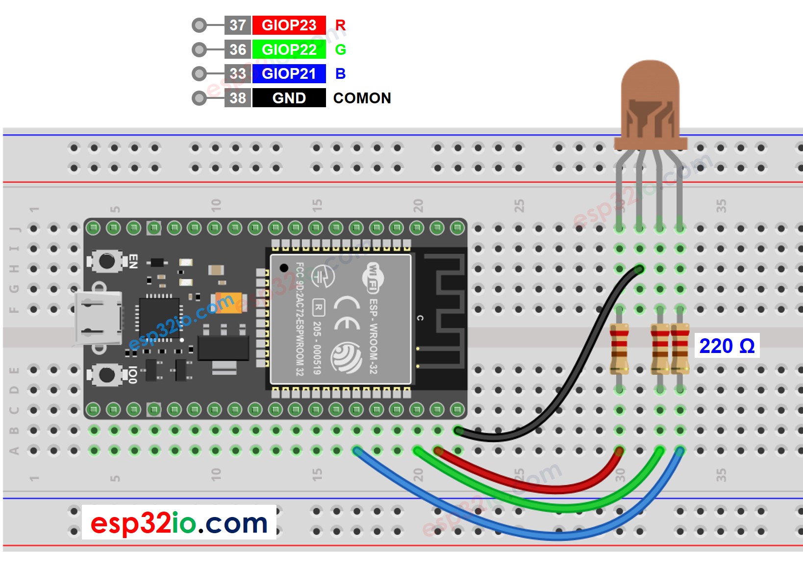 Diagrama de ligação ESP32 LED RGB