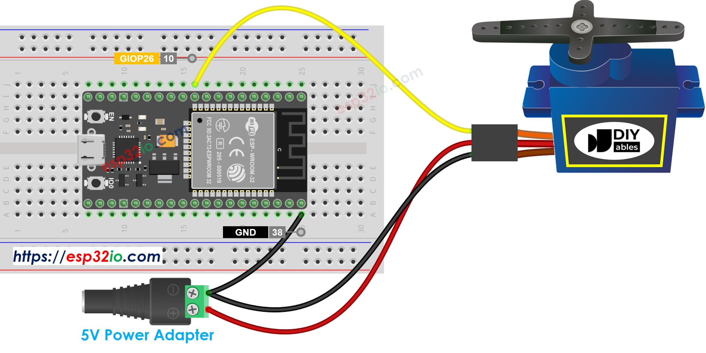 Diagrama de ligação do servo motor com fonte de alimentação externa e ESP32