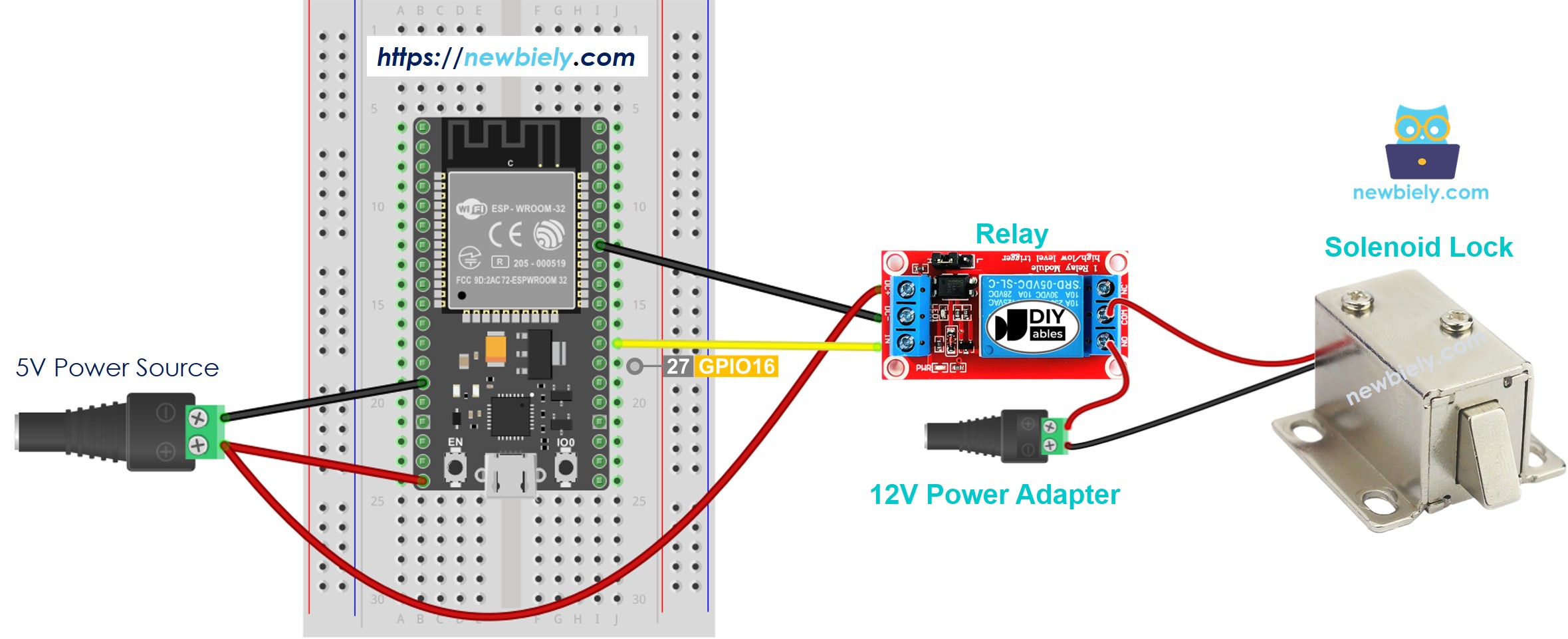 Diagrama de ligação do ESP32 com fechadura solenoide