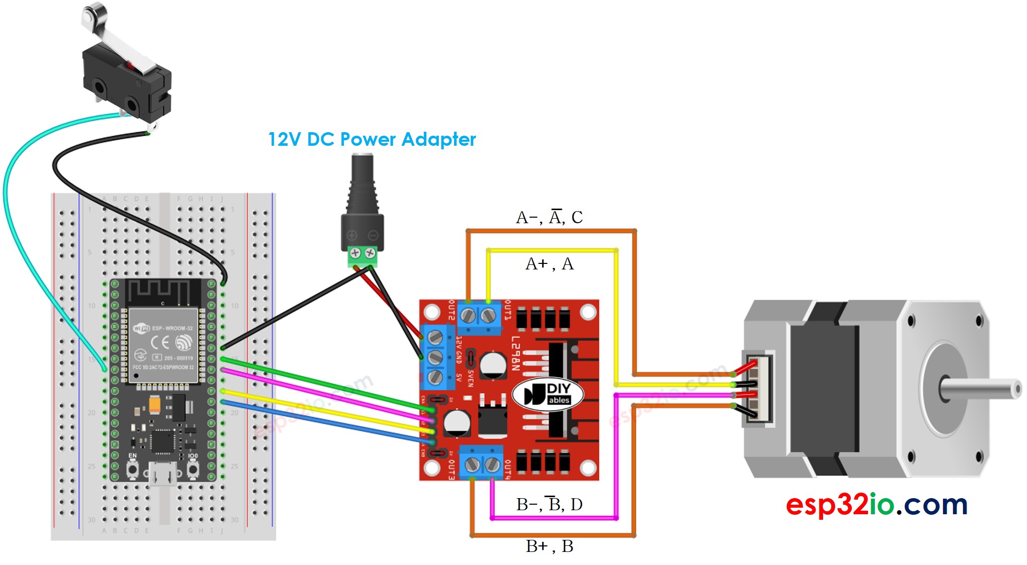Diagrama de ligação do motor de passo e chave fim de curso com ESP32