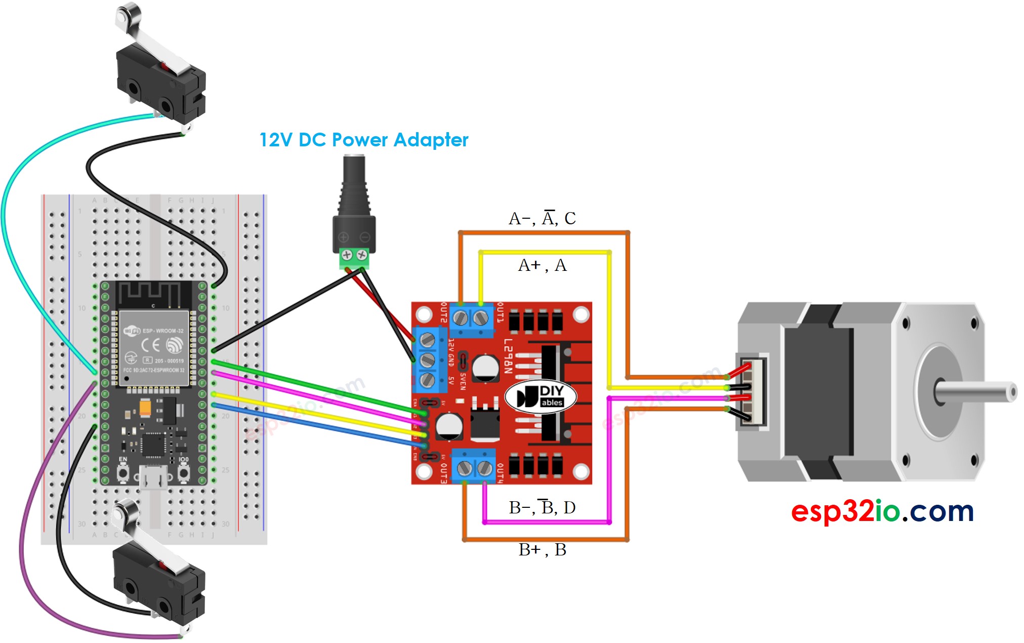 Diagrama de ligação do motor de passo e duas chaves fim de curso com ESP32