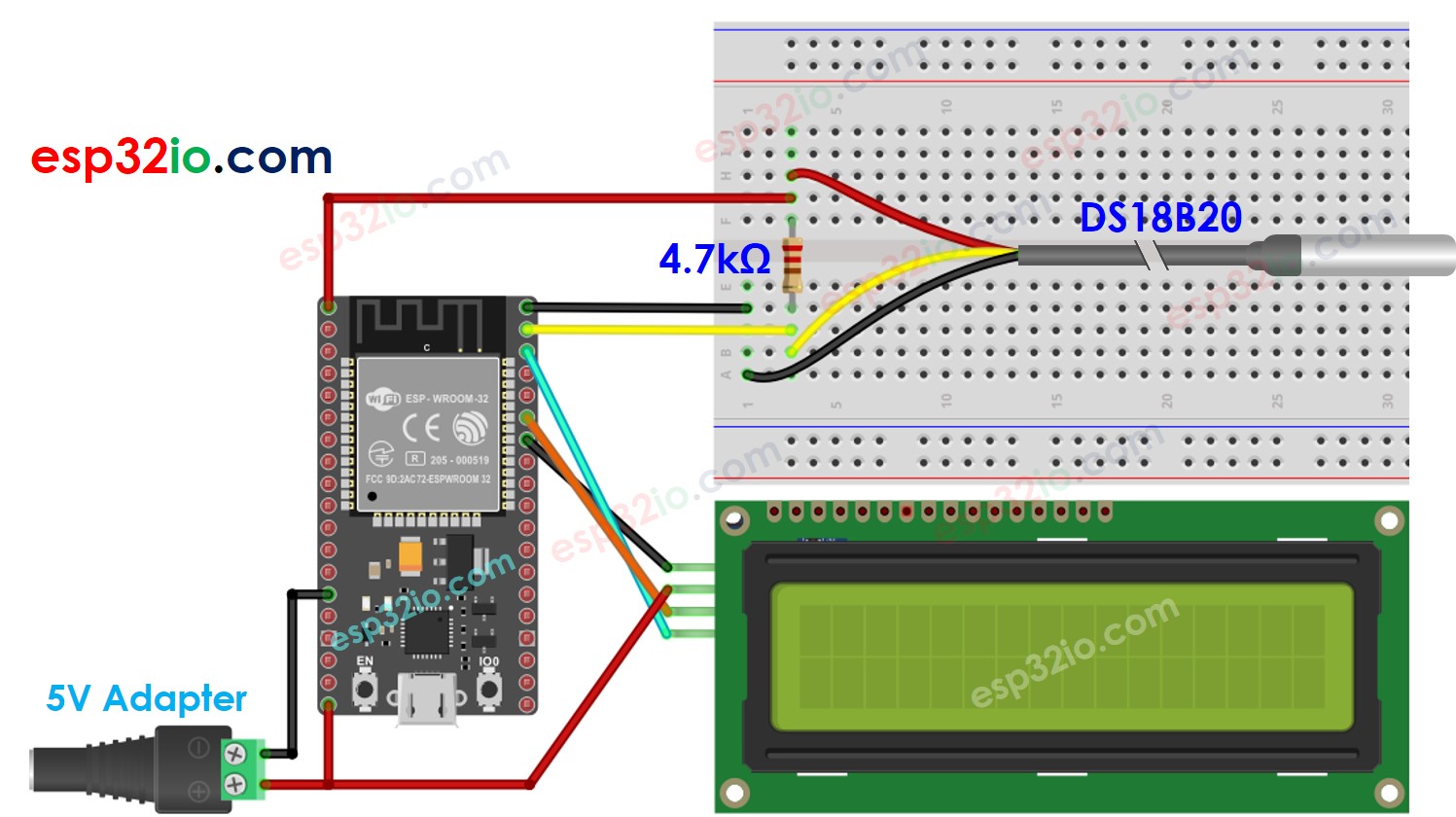Diagrama de ligação do ESP32 com sensor de temperatura e LCD
