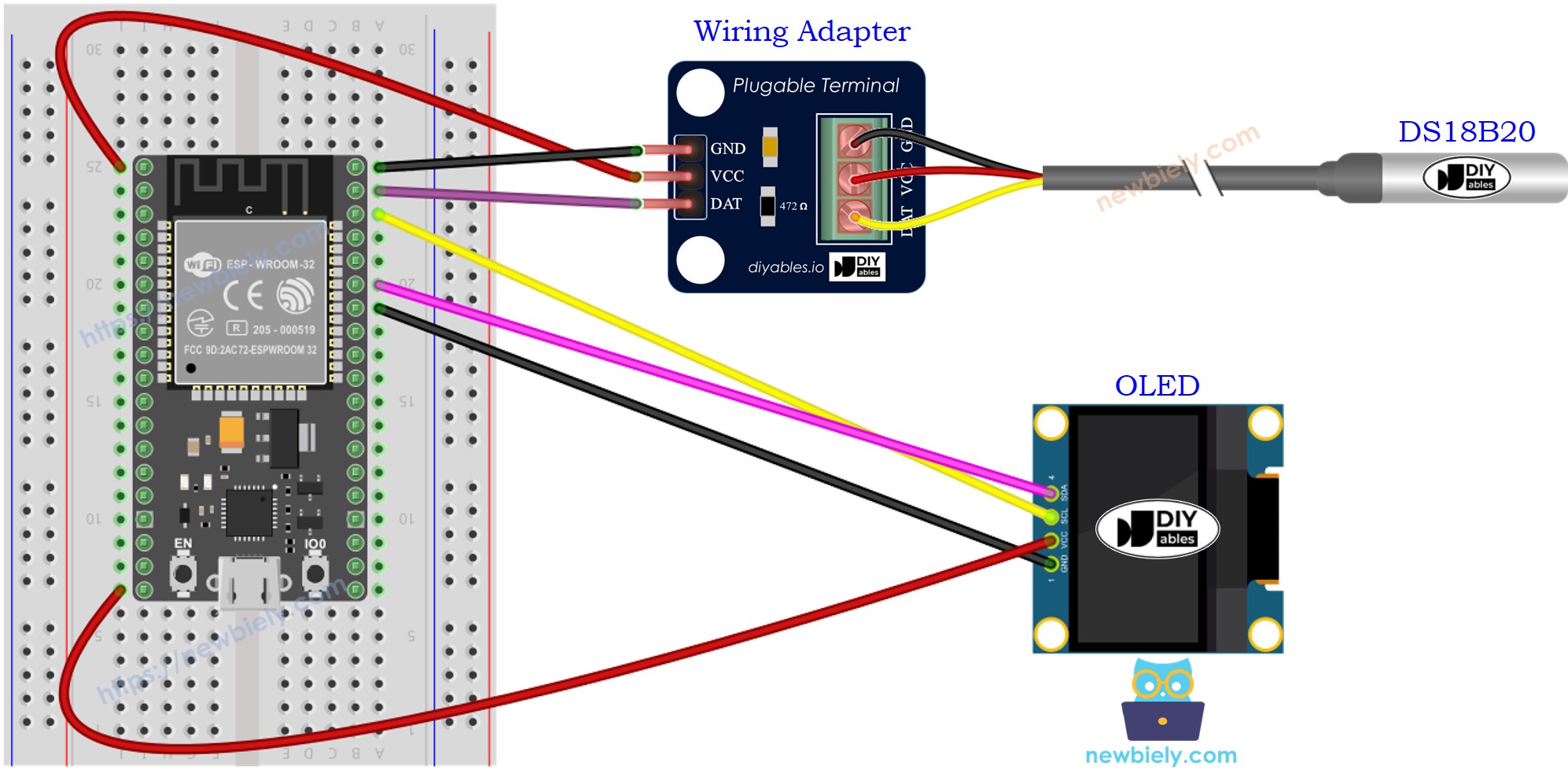 Diagrama de ligação do ESP32 com sensor de temperatura e OLED