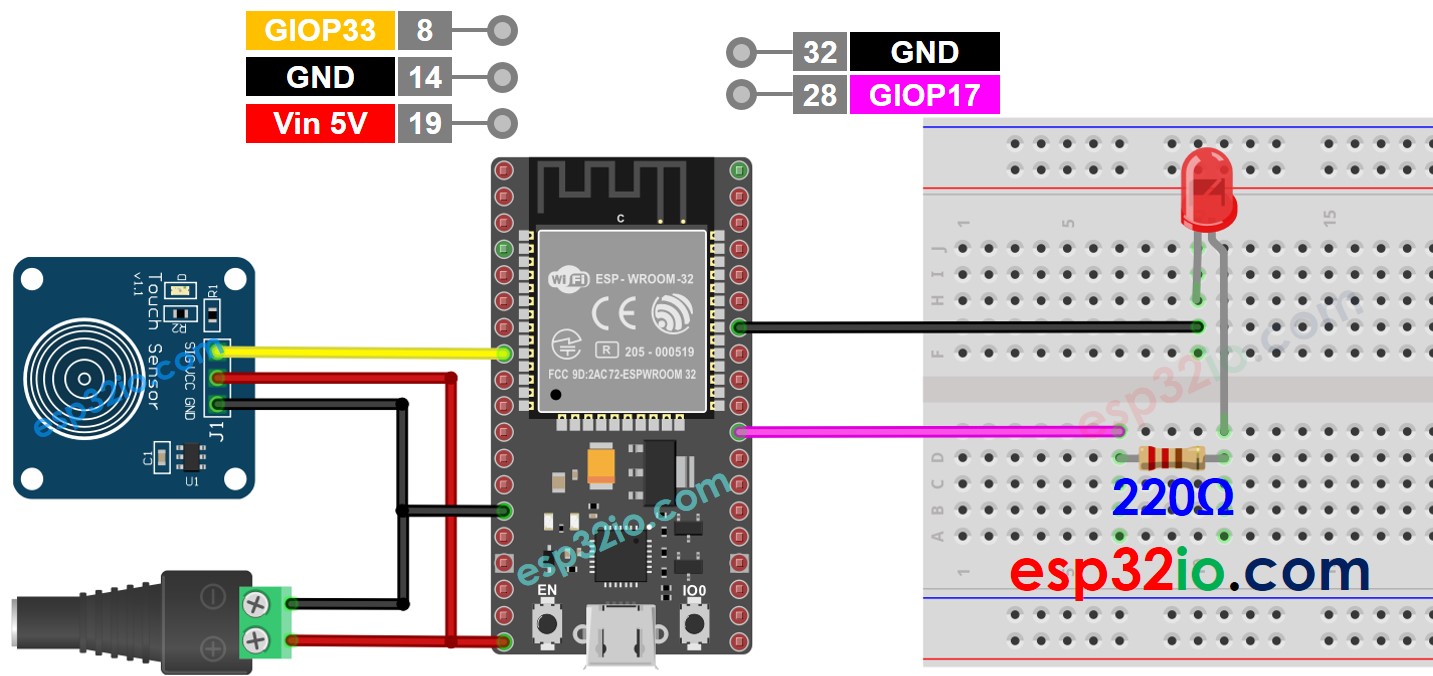 Diagrama de Ligação do ESP32 com Sensor de Toque e LED com fonte de alimentação de 5v