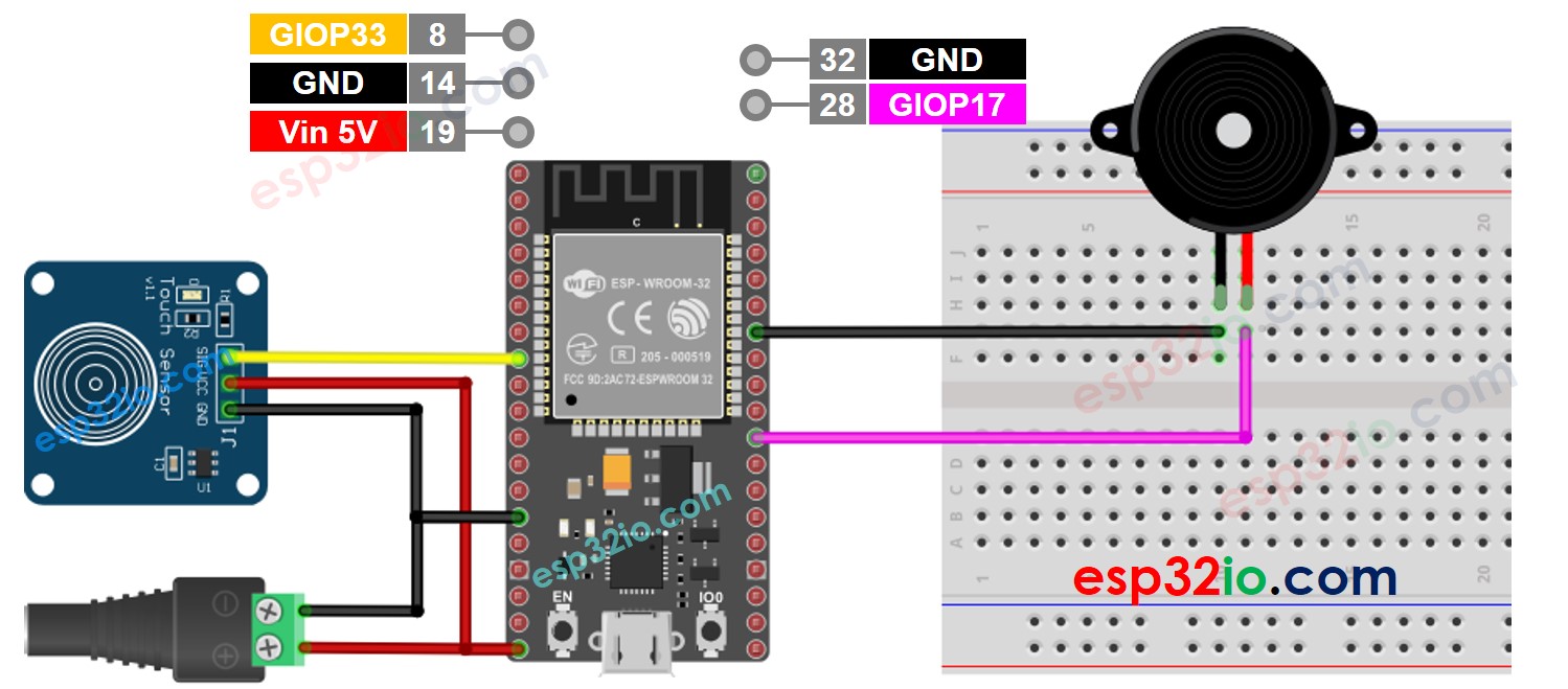 The wiring diagram between ESP32 Touch Sensor Piezo Buzzer 5v power source