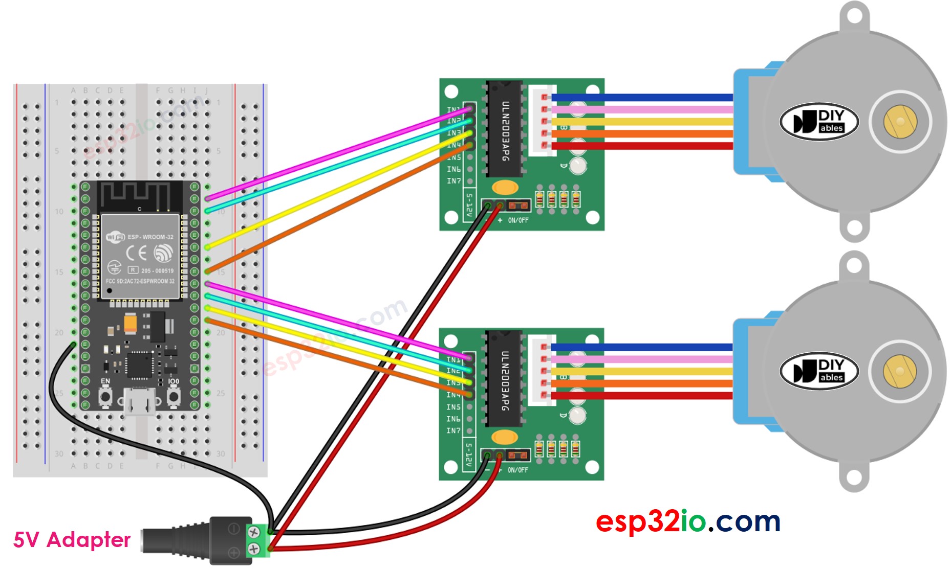 Diagrama de Ligação de dois motores de passo ESP32 com driver ULN2003