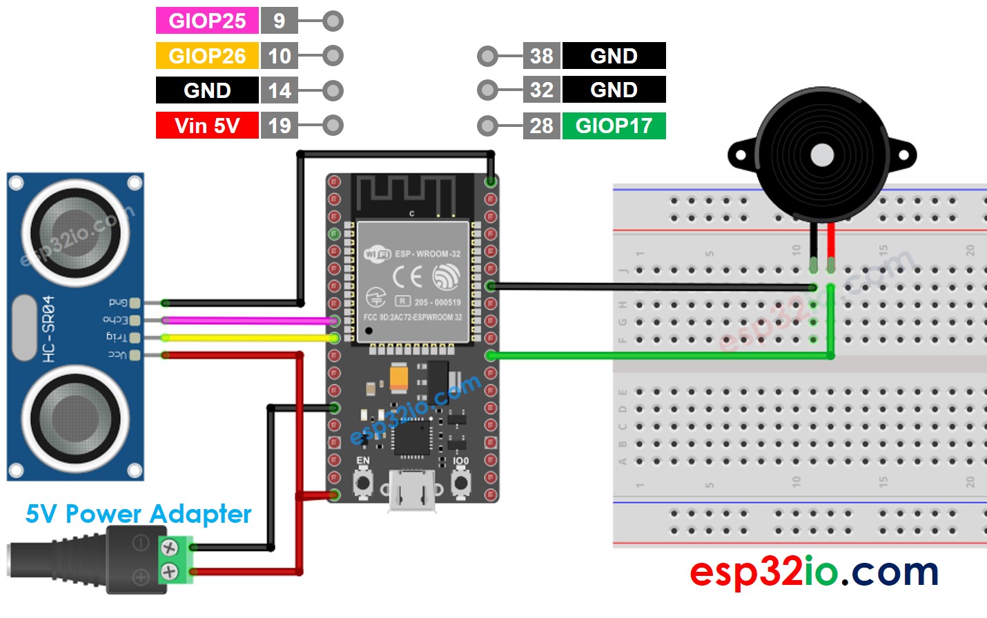 Diagrama de Ligação do Sensor Ultrassônico e Buzzer Piezo com ESP32 e adaptador de 5v