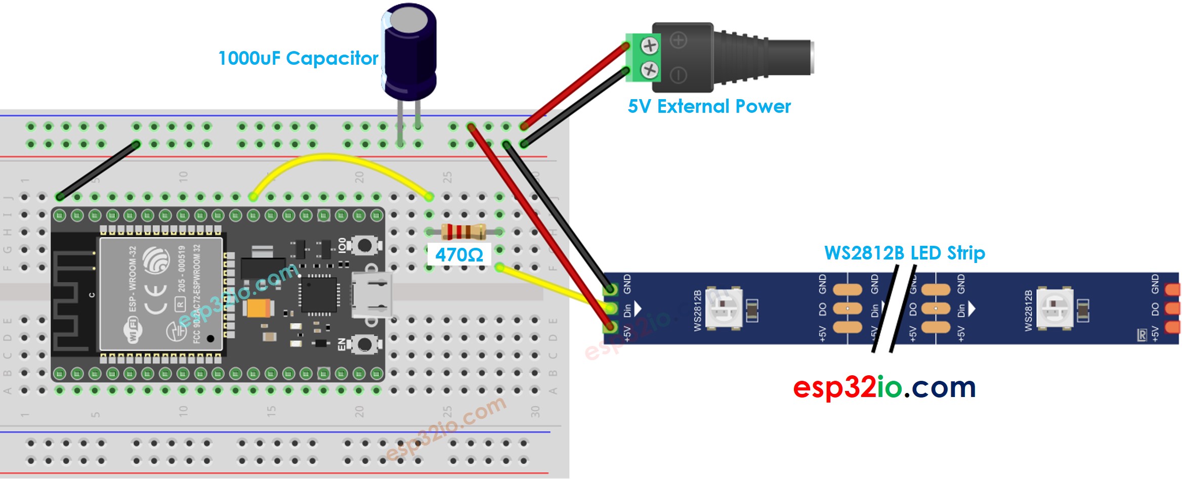 Diagrama de Ligação do ESP32 com a fita LED RGB WS2812B