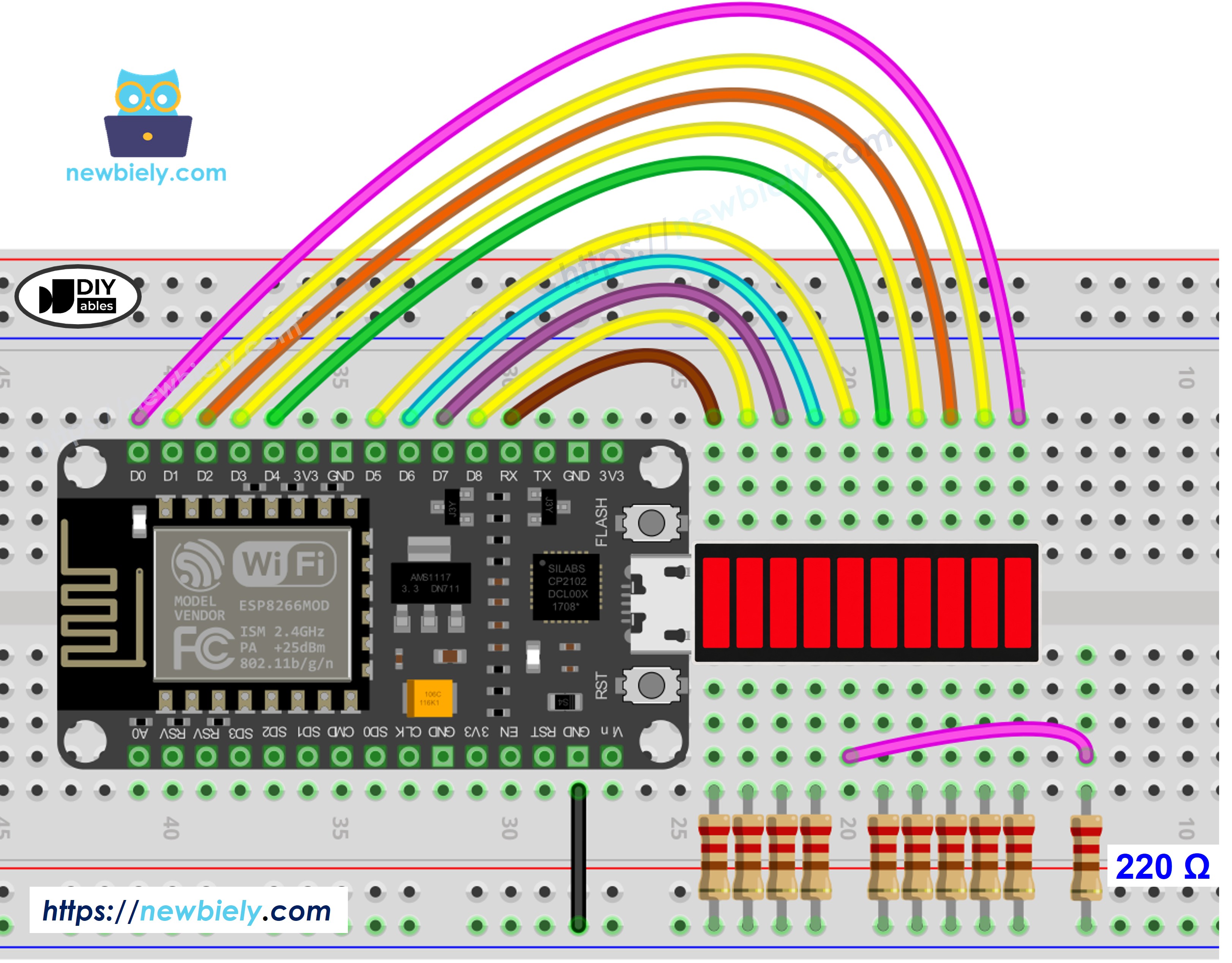 Diagrama de ligação do ESP8266 NodeMCU NodeMCU com a barra de LED de 10 segmentos