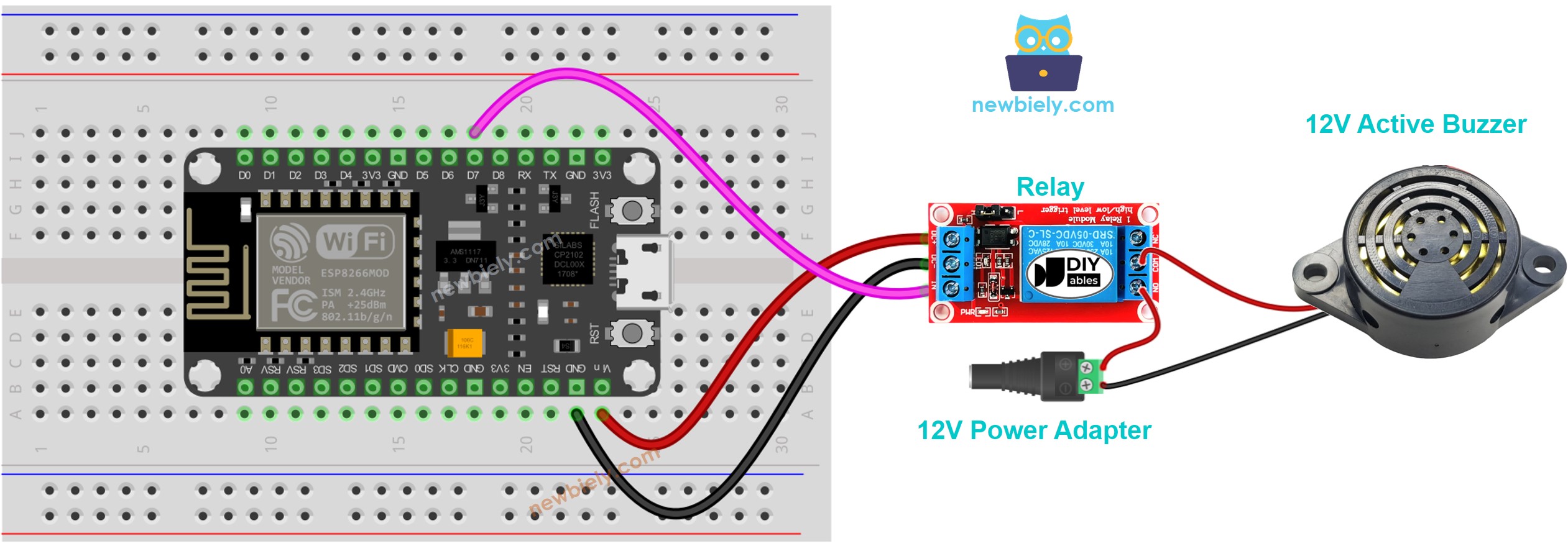 Diagrama de ligação do Buzzer Ativo de 12V com ESP8266 NodeMCU