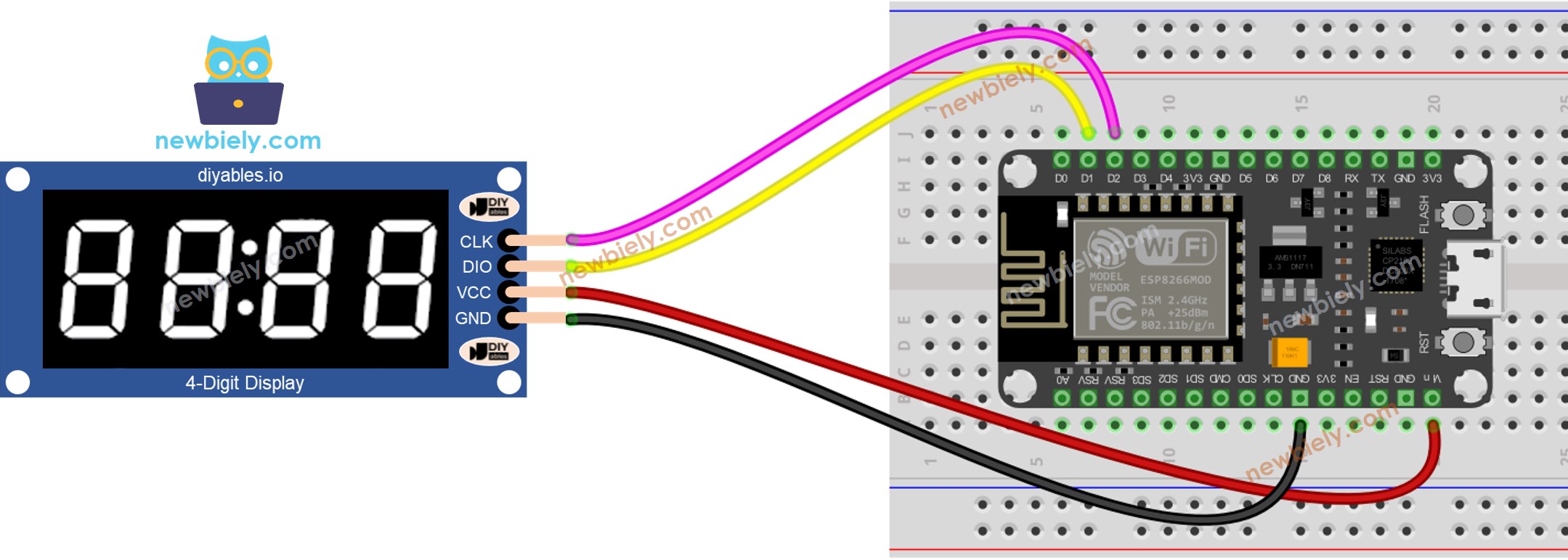 The wiring diagram between ESP8266 NodeMCU and TM1637 4-Digit 7-Segment Display