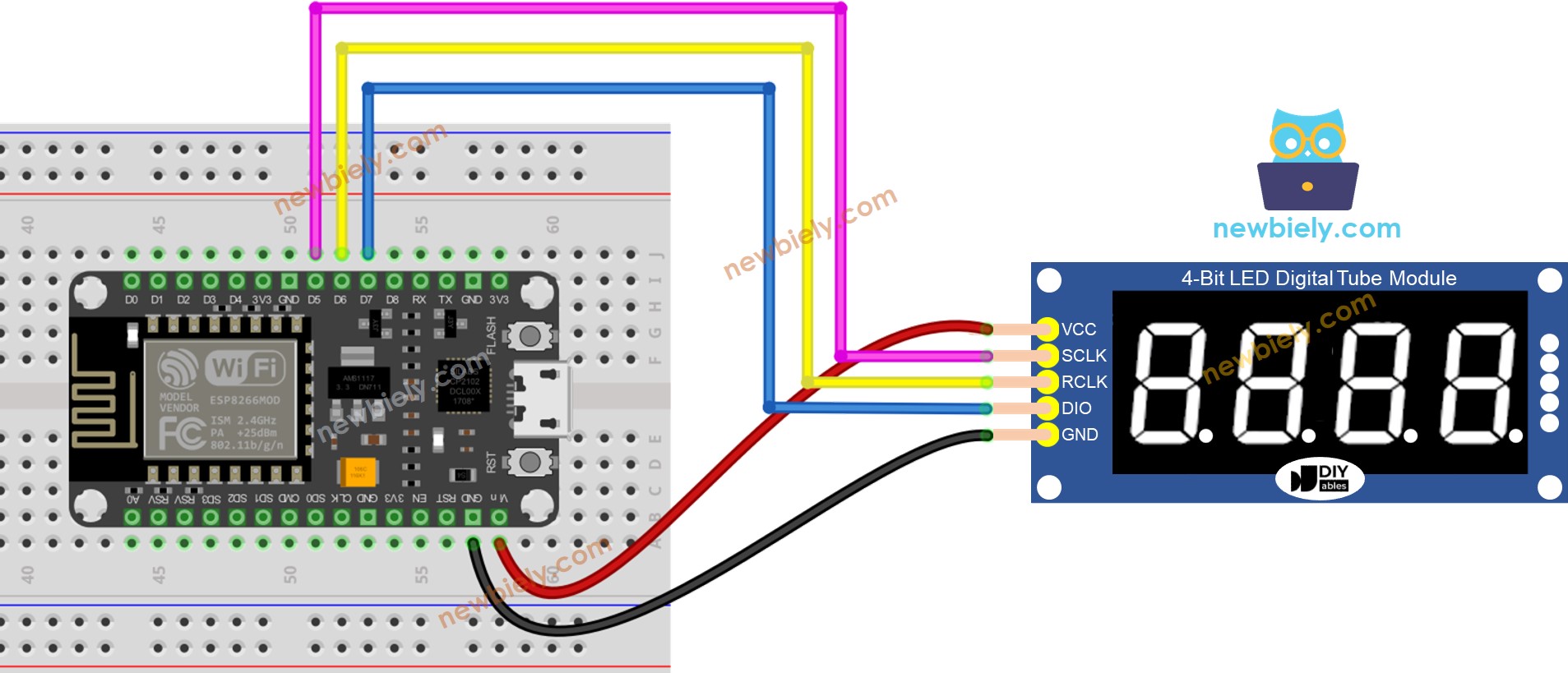 The wiring diagram between ESP8266 NodeMCU and 74HC595 4-Digit 7-Segment Display