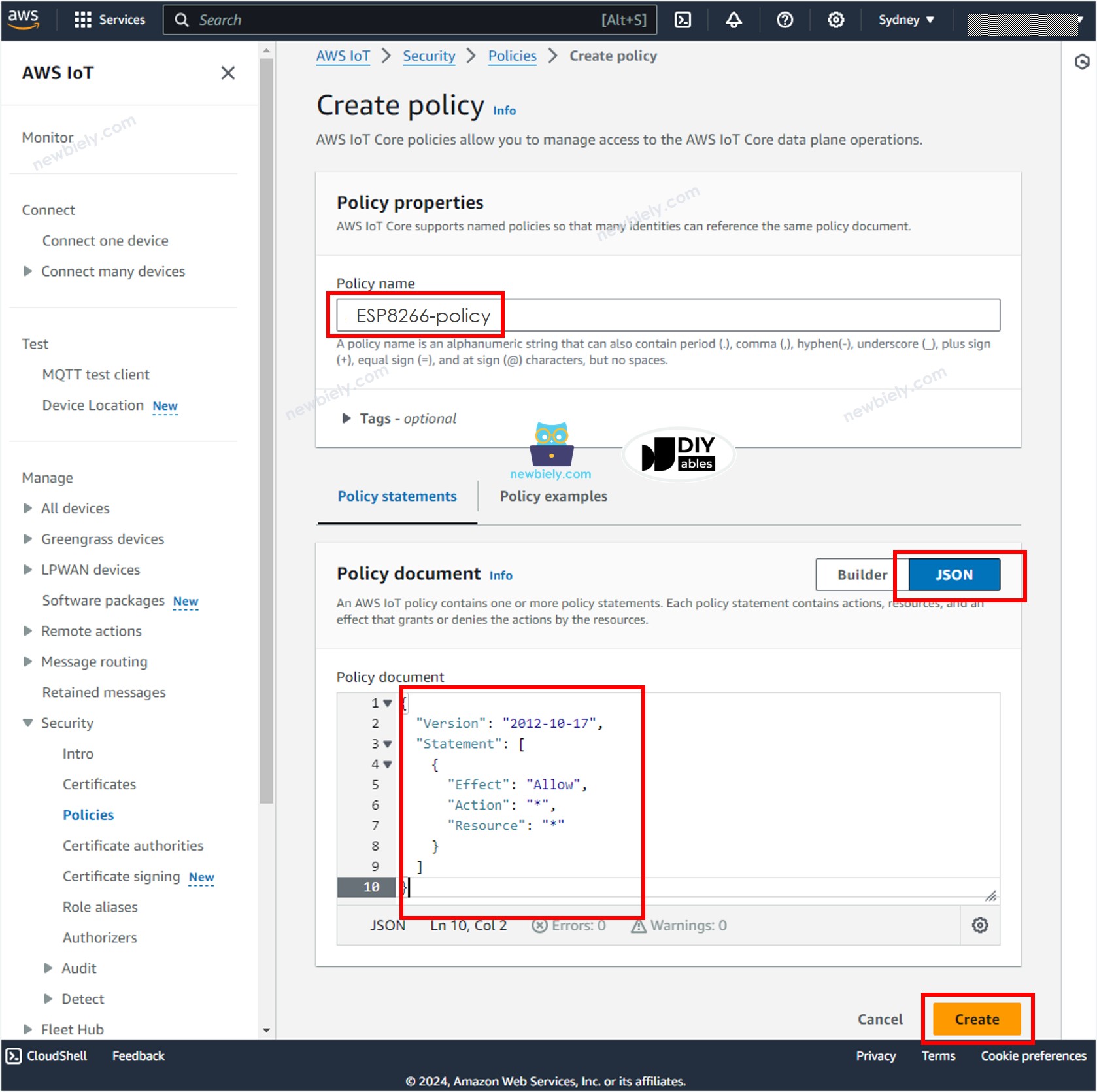 AWS IoT Core cria policy ESP8266 NodeMCU