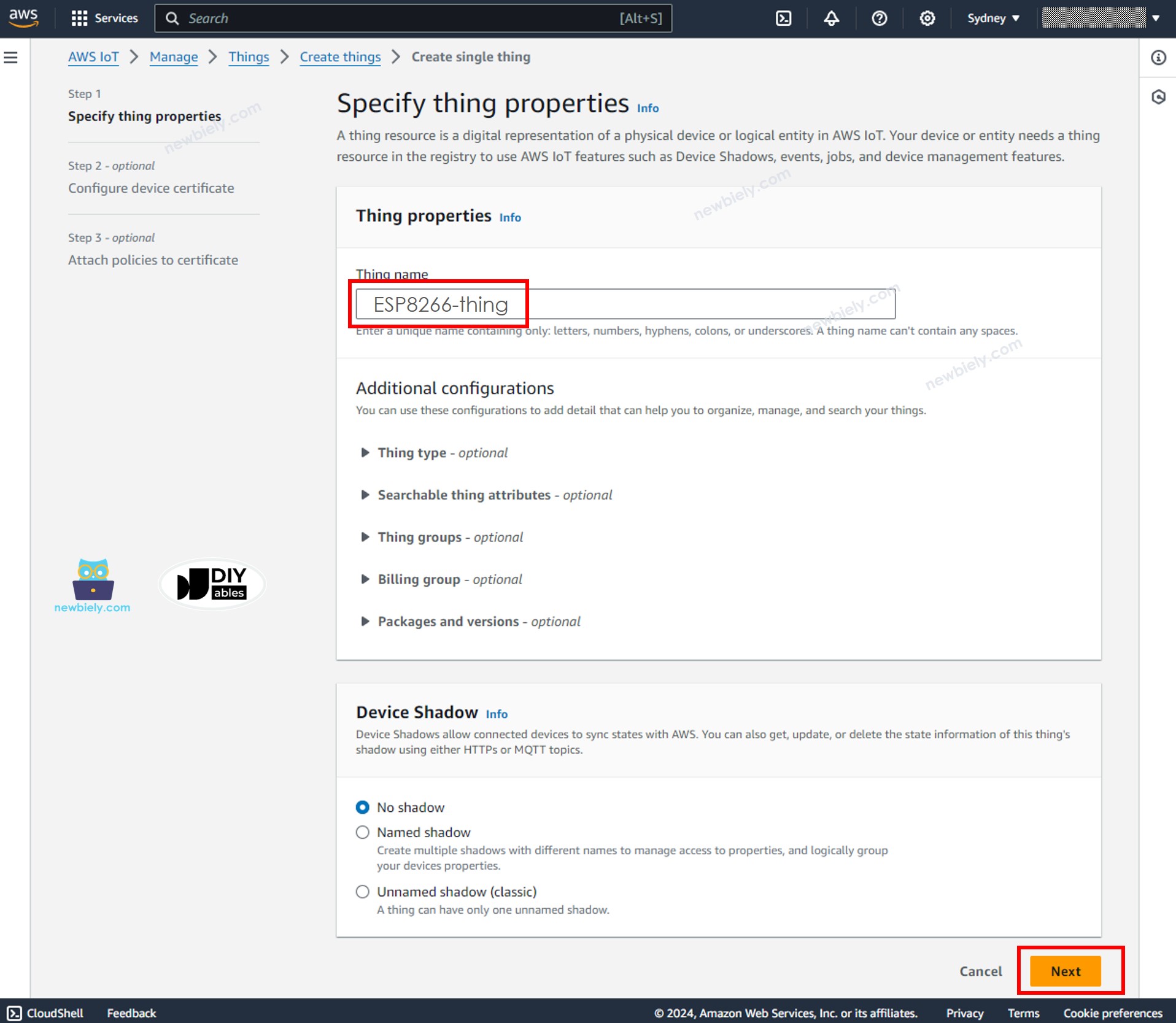 Nome da Thing no AWS IoT Core