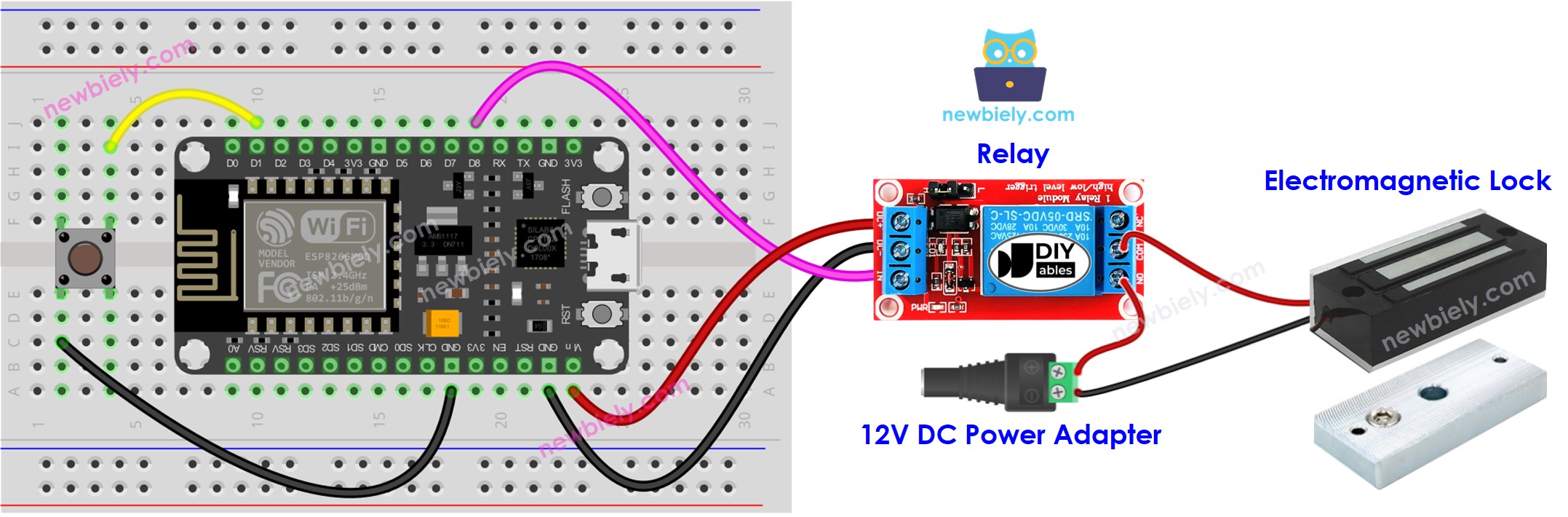 diagrama de ligação do botão e da trava eletromagnética com ESP8266 NodeMCU
