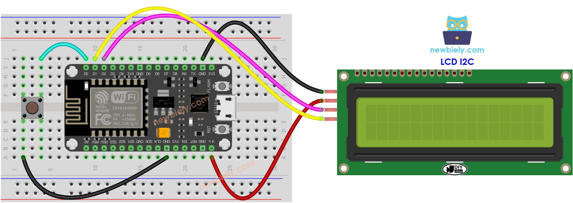 The wiring diagram between ESP8266 NodeMCU and Button LCD I2C