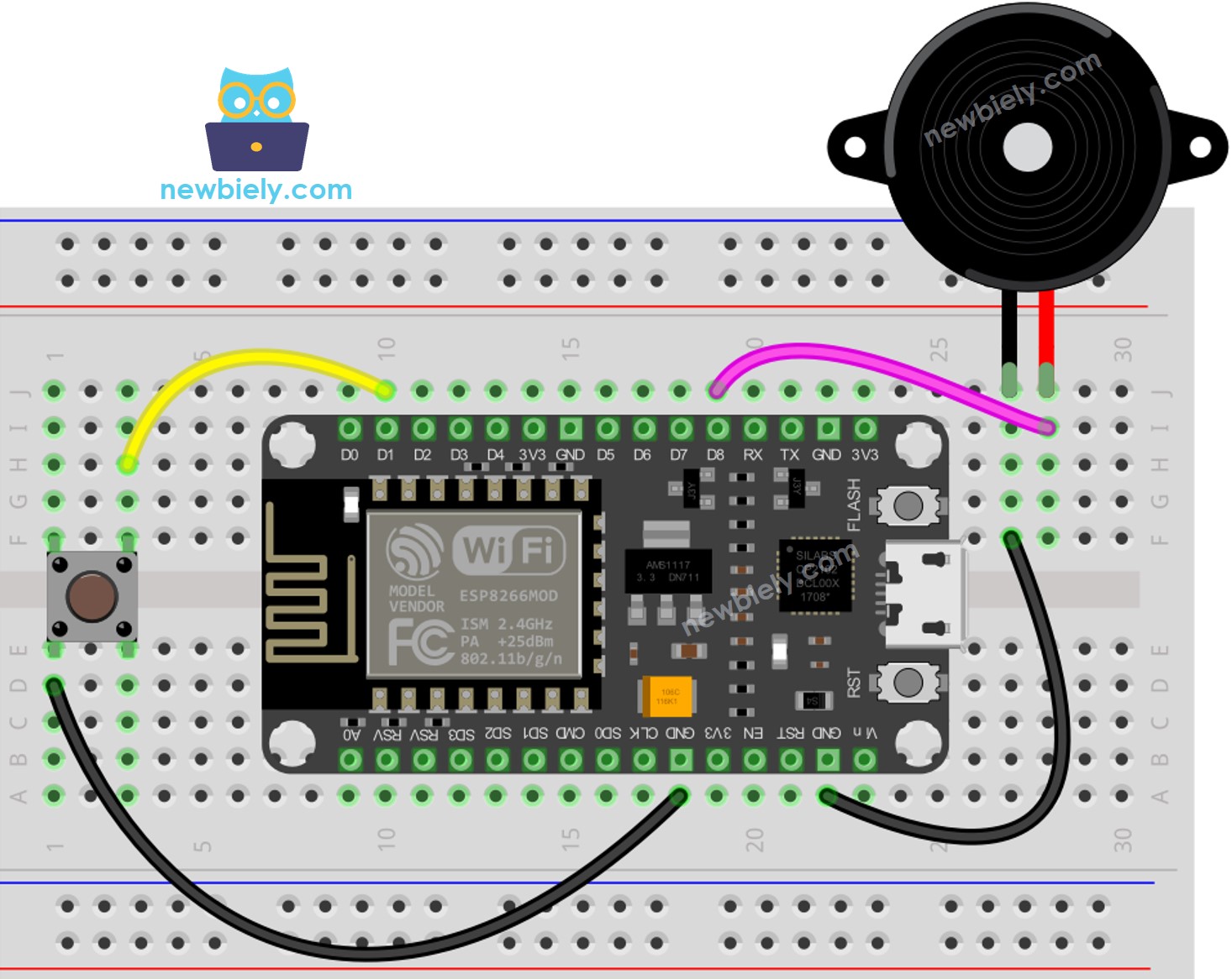 Diagrama de ligação do ESP8266 NodeMCU com botão e piezo buzzer