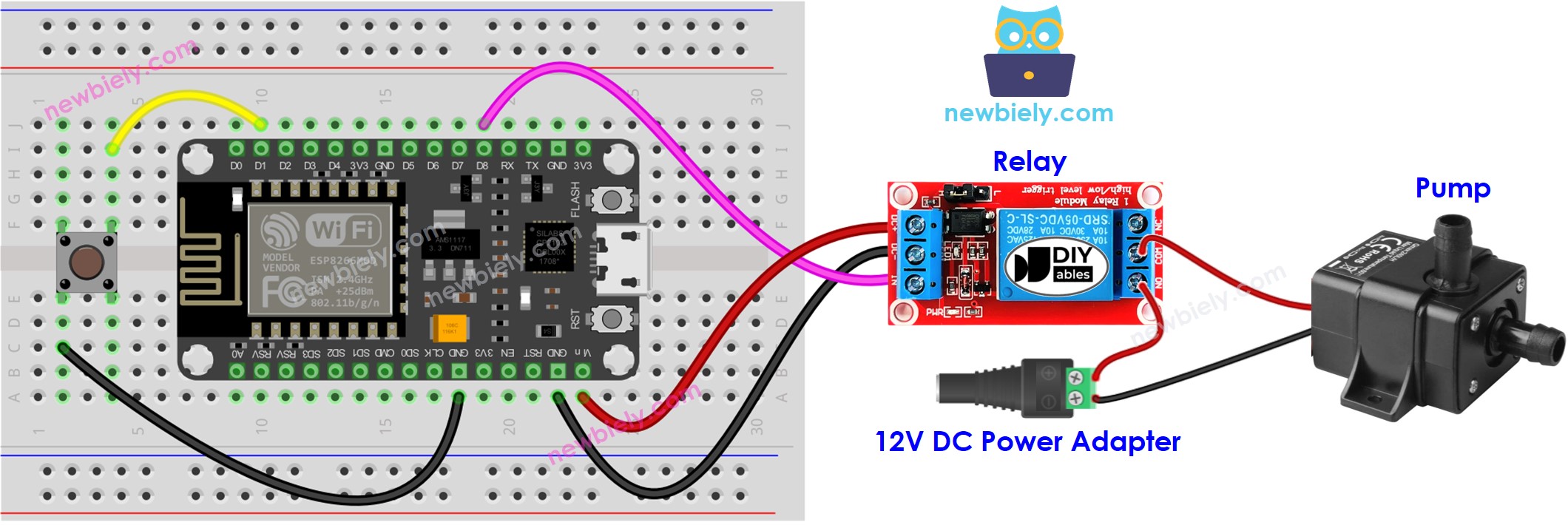 diagrama de ligação do botão controlando a bomba com ESP8266 NodeMCU