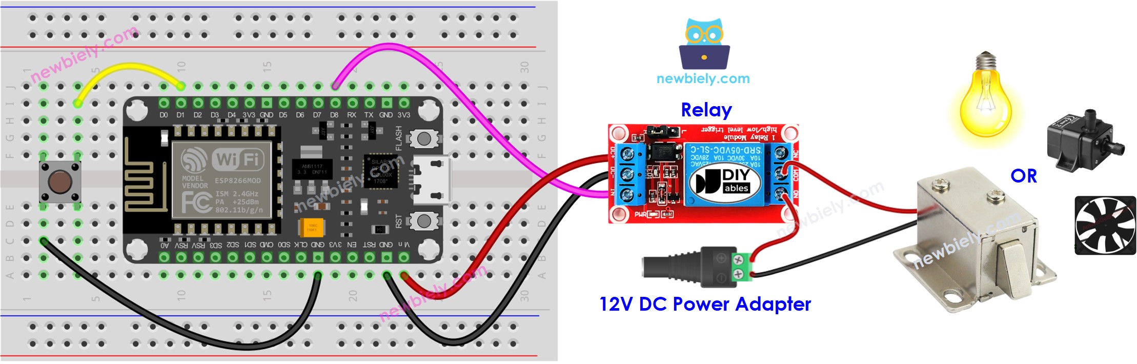 Diagrama de ligação do ESP8266 NodeMCU com botão e relé