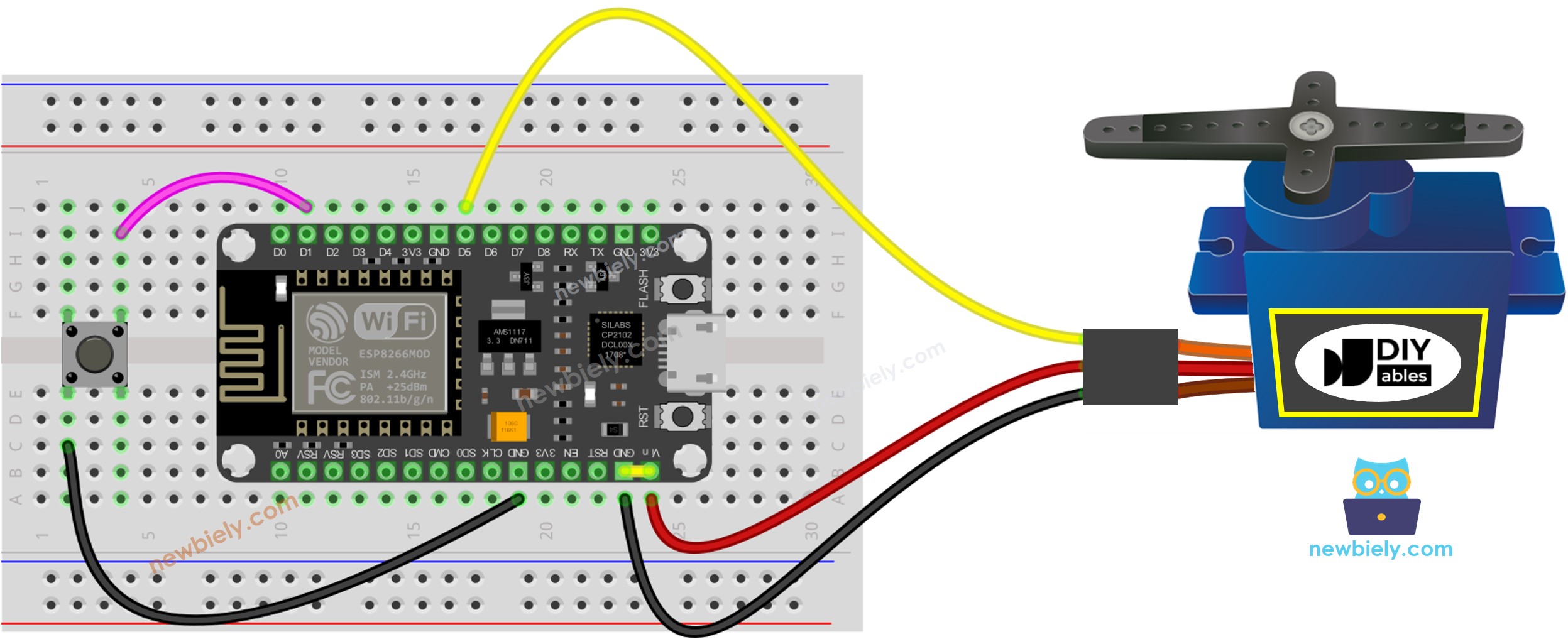 Diagrama de ligação do ESP8266 NodeMCU com botão e servo motor