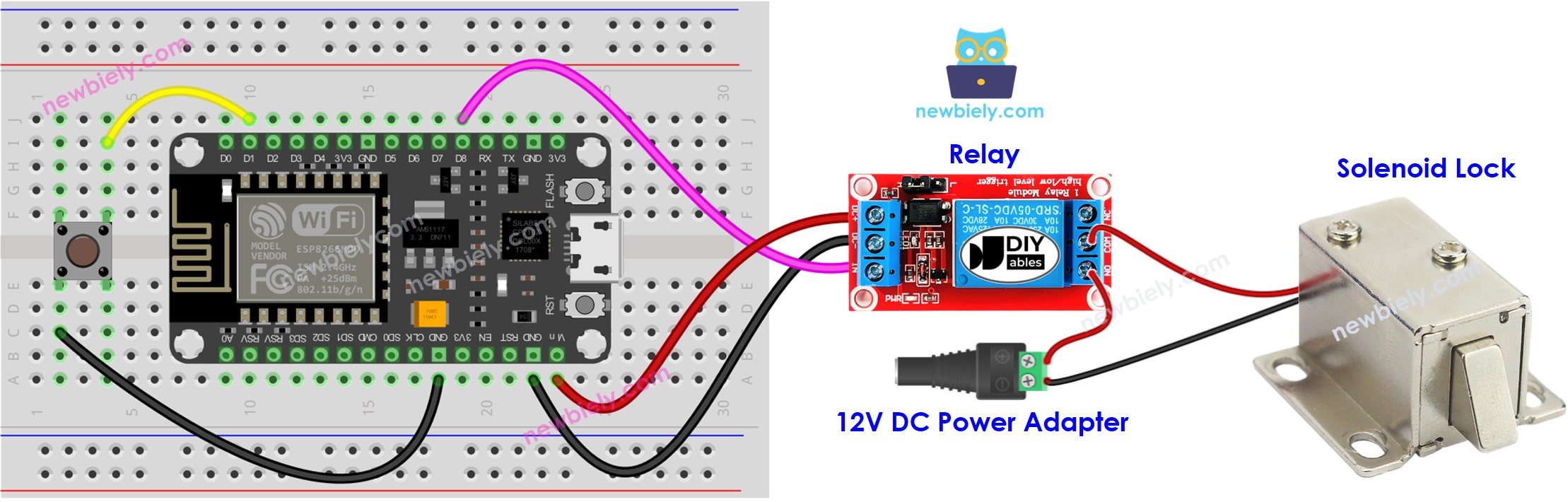 Diagrama de ligação do ESP8266 NodeMCU com trava solenoide