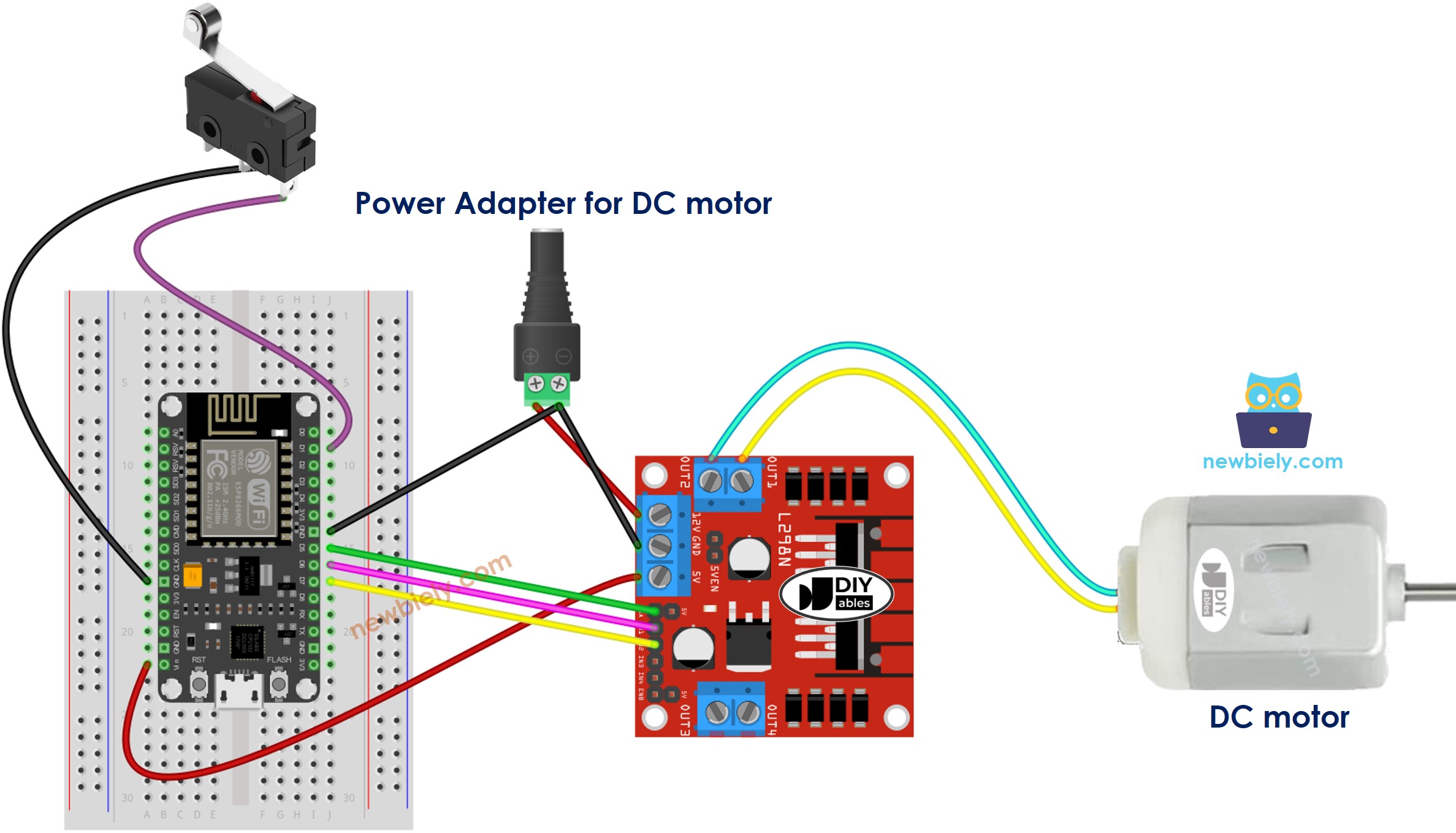 Diagrama de ligação do ESP8266 NodeMCU com motor DC e chave fim de curso