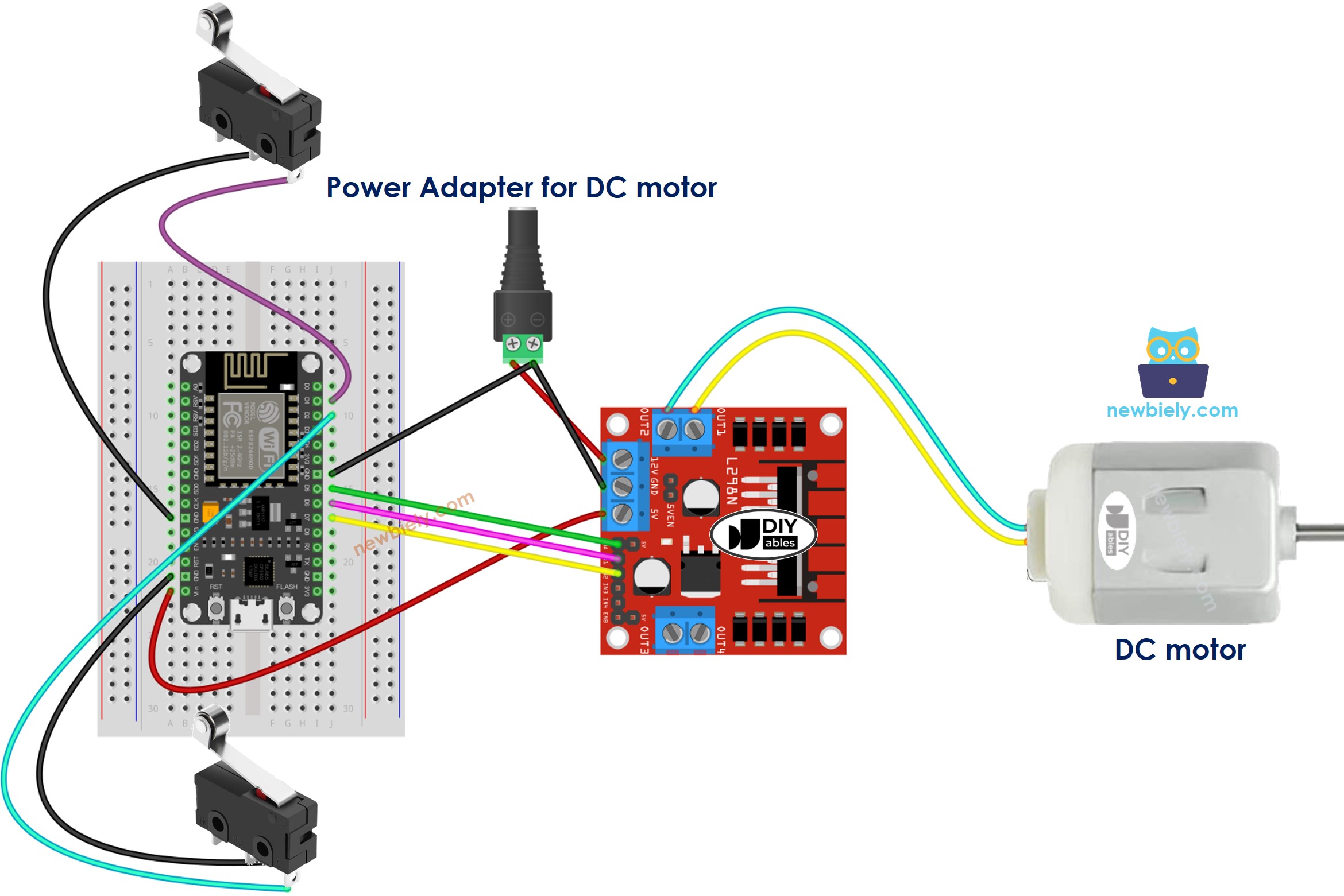 Diagrama de ligação do ESP8266 NodeMCU com motor DC e duas chaves fim de curso