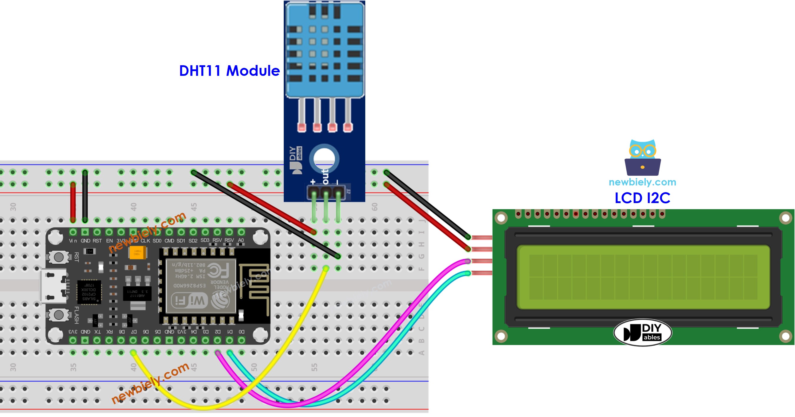 Diagrama de ligação do DHT11 de temperatura e umidade e LCD com ESP8266 NodeMCU