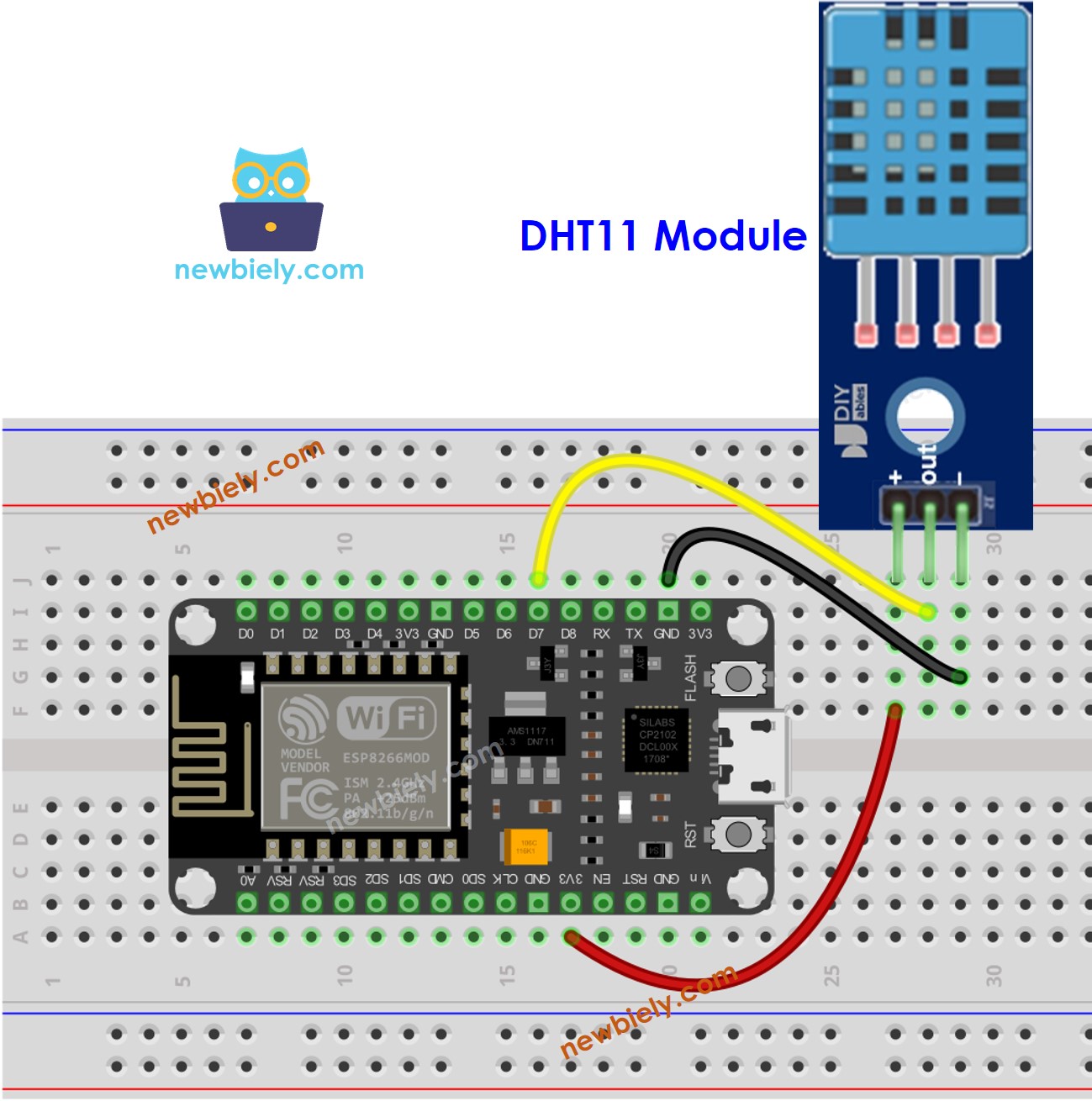 Diagrama de ligação do módulo de temperatura e umidade DHT11 com ESP8266 NodeMCU