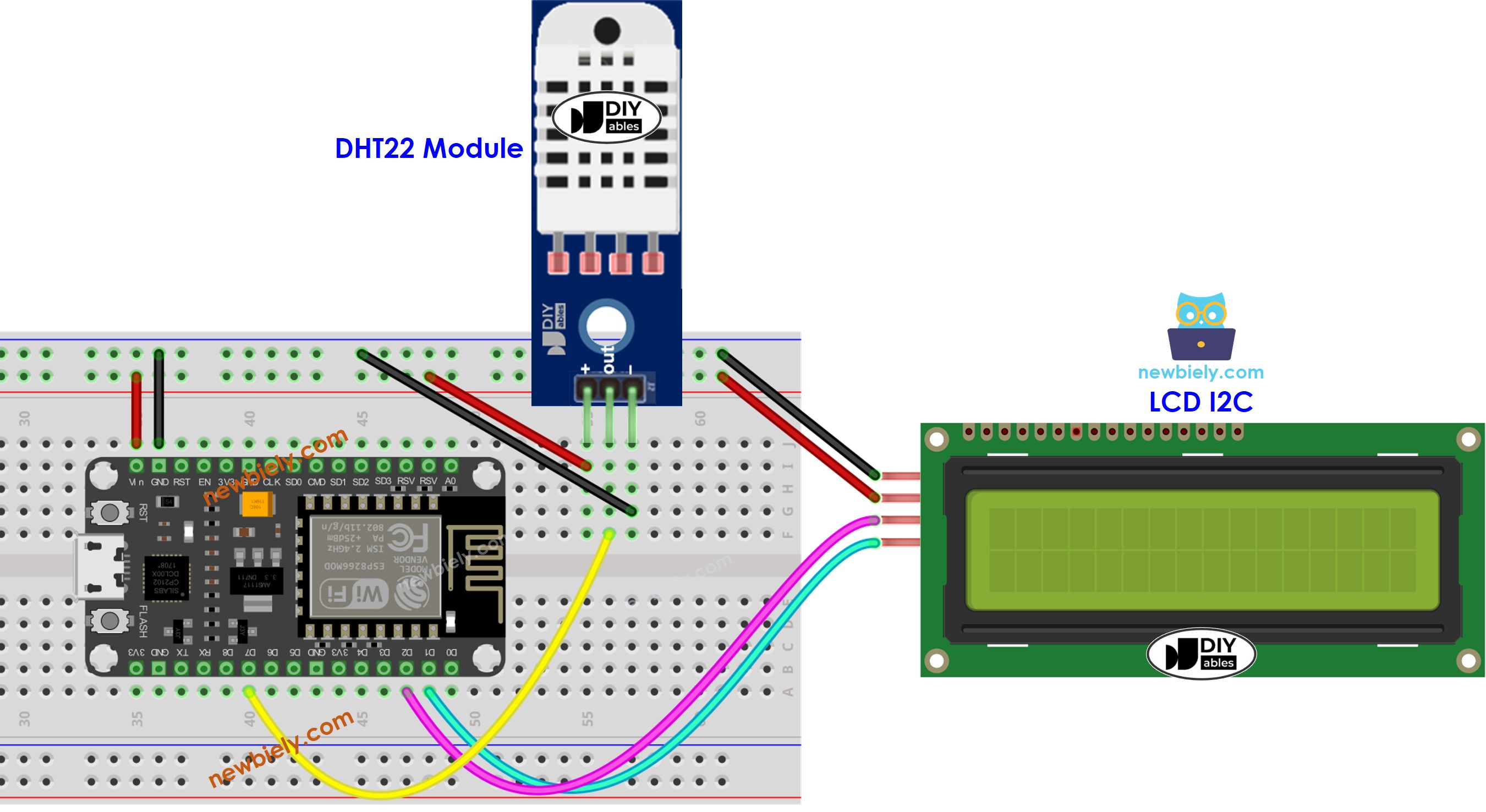 Diagrama de ligação do DHT22 de temperatura e umidade e LCD com ESP8266 NodeMCU