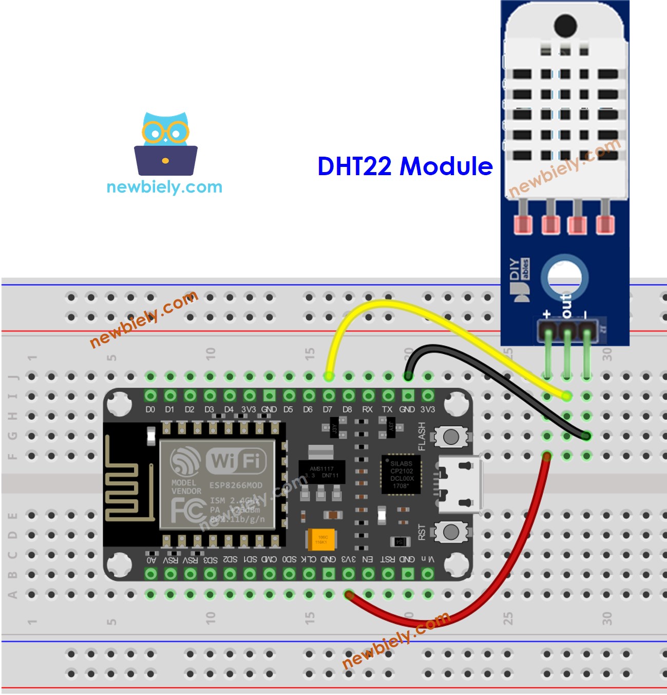 Diagrama de ligação do módulo de temperatura e umidade DHT22 com ESP8266 NodeMCU