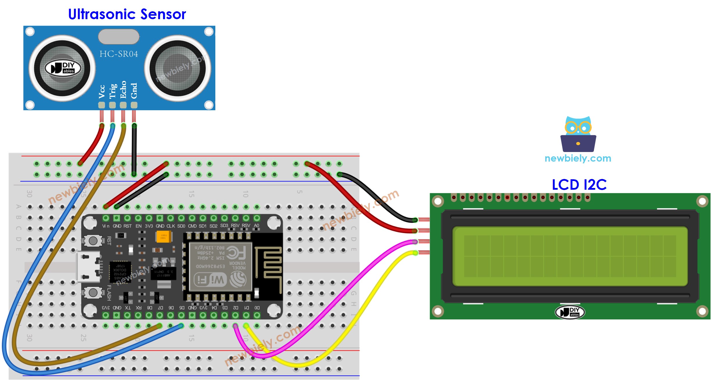 Diagrama de ligação do sensor de distância com LCD e ESP8266 NodeMCU