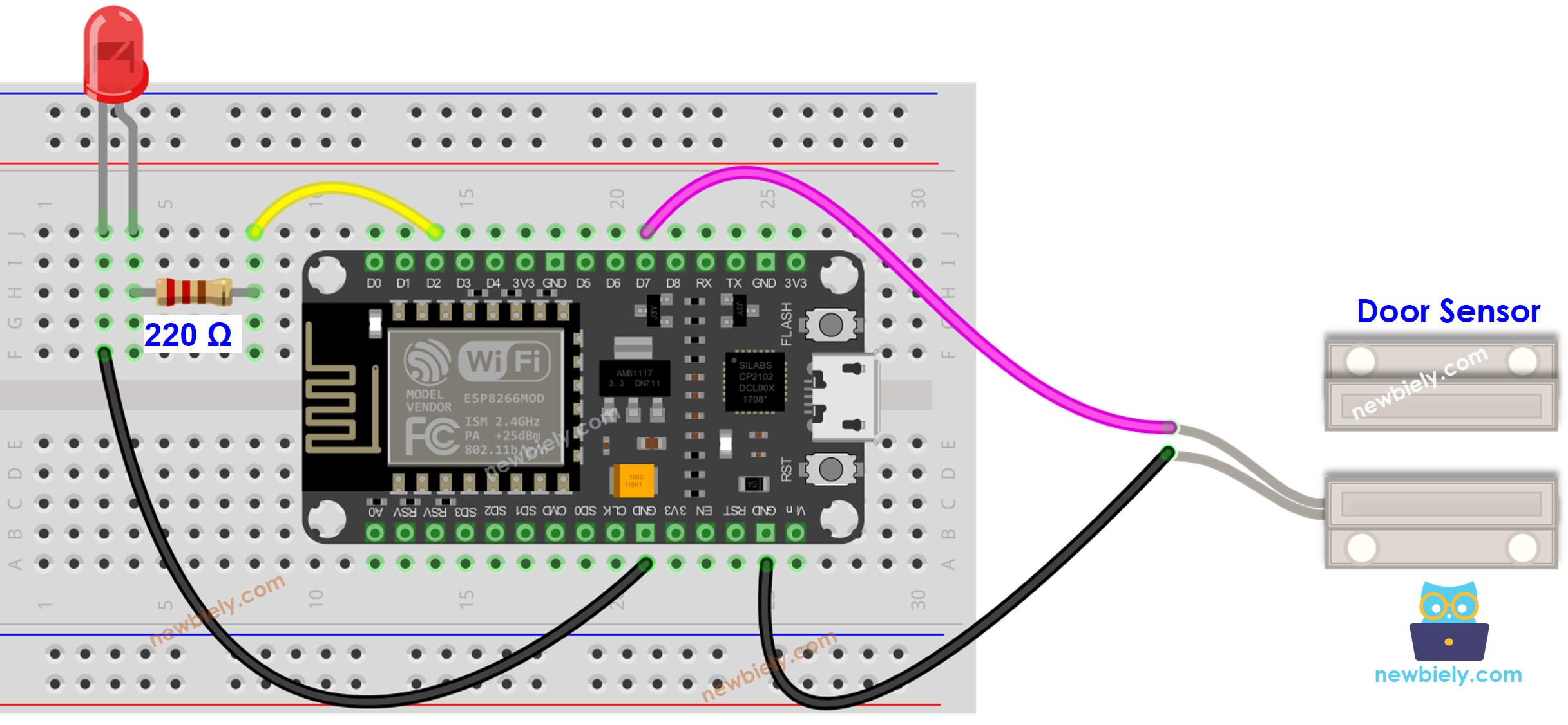 Diagrama de ligação do ESP8266 NodeMCU com sensor de porta e LED