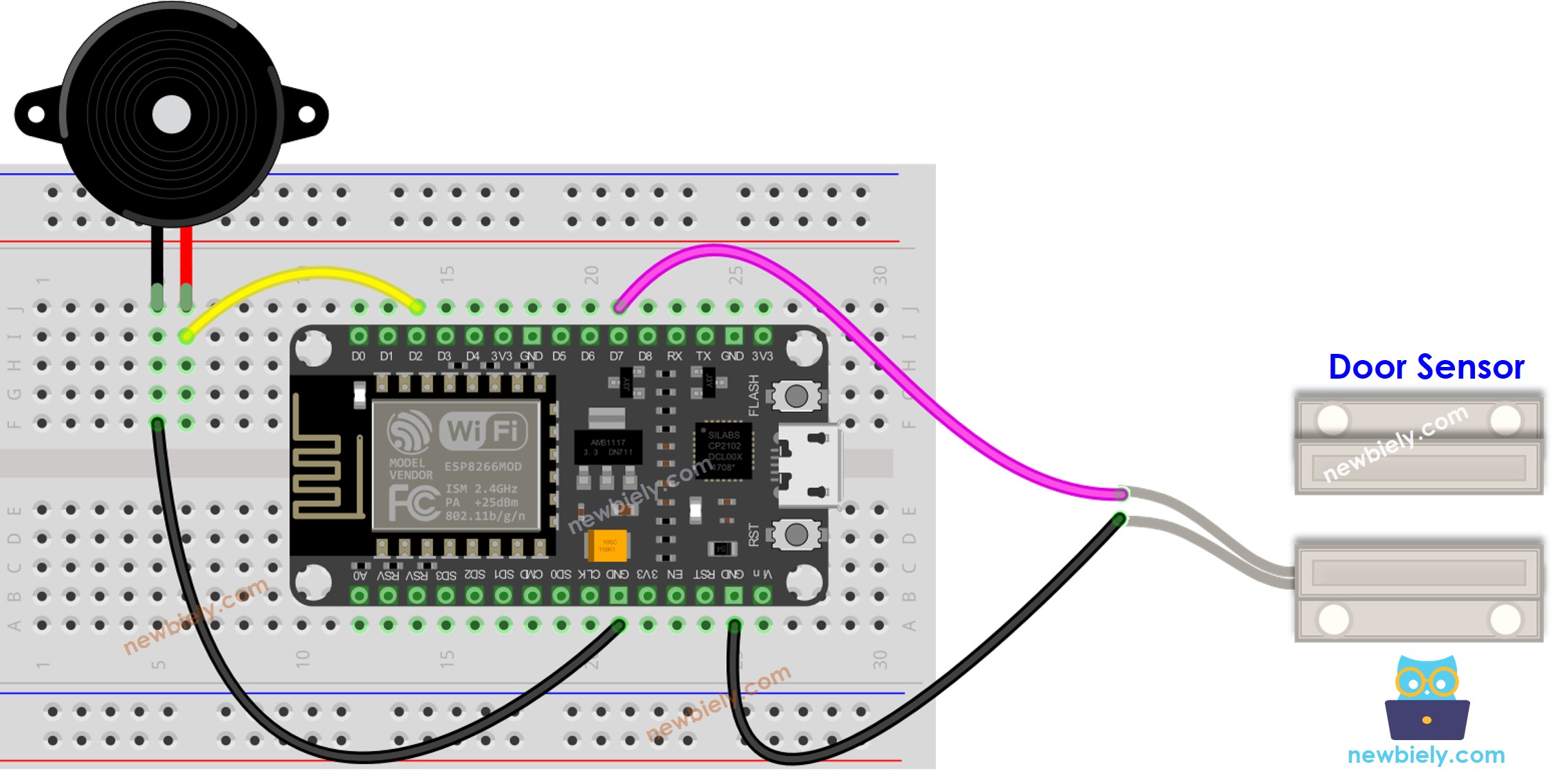 Diagrama de ligação do ESP8266 NodeMCU com sensor de porta e piezo buzzer