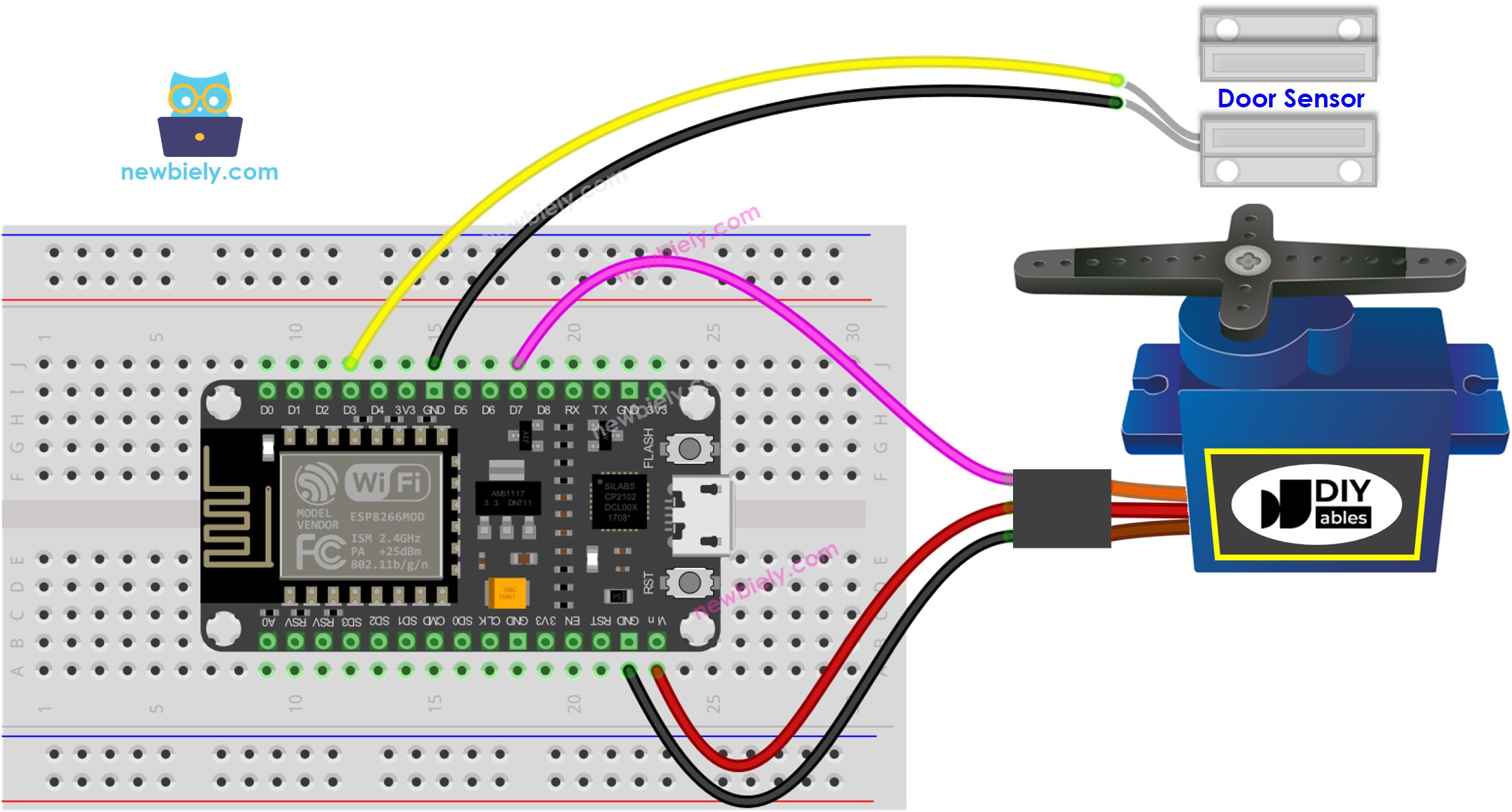 Diagrama de ligação do ESP8266 NodeMCU com sensor de porta e servo motor