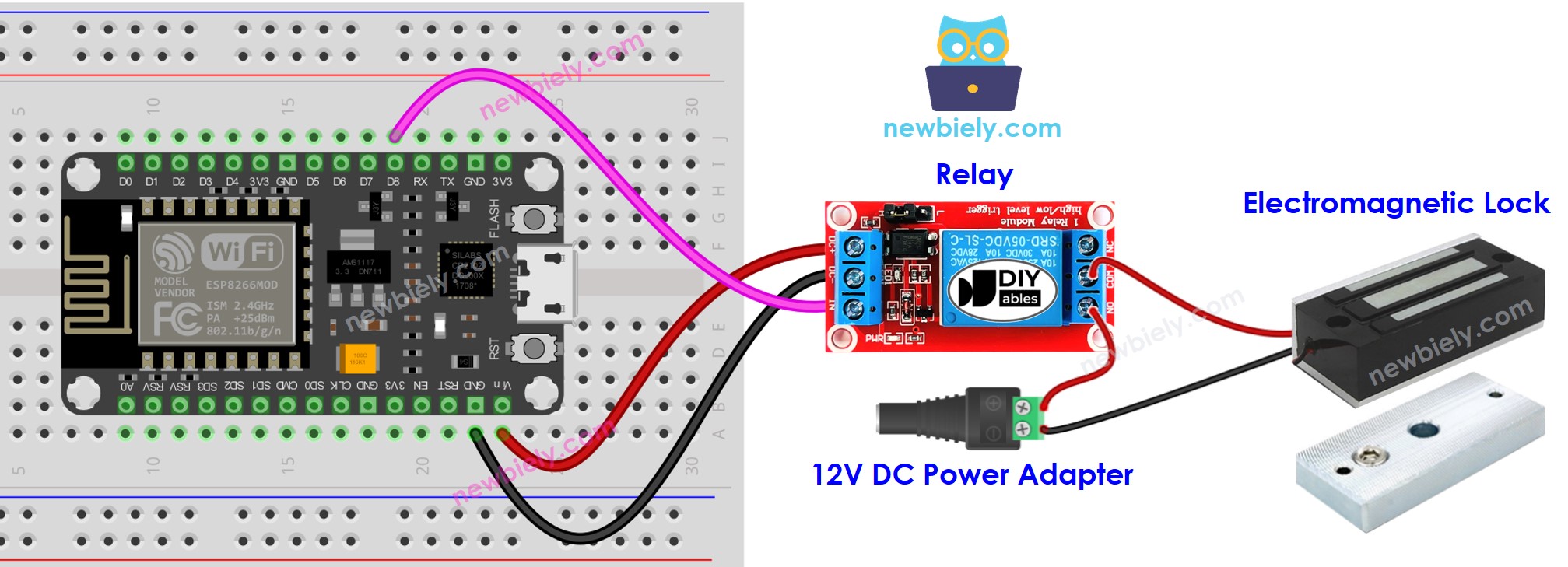 diagrama de ligação da trava eletromagnética com ESP8266 NodeMCU