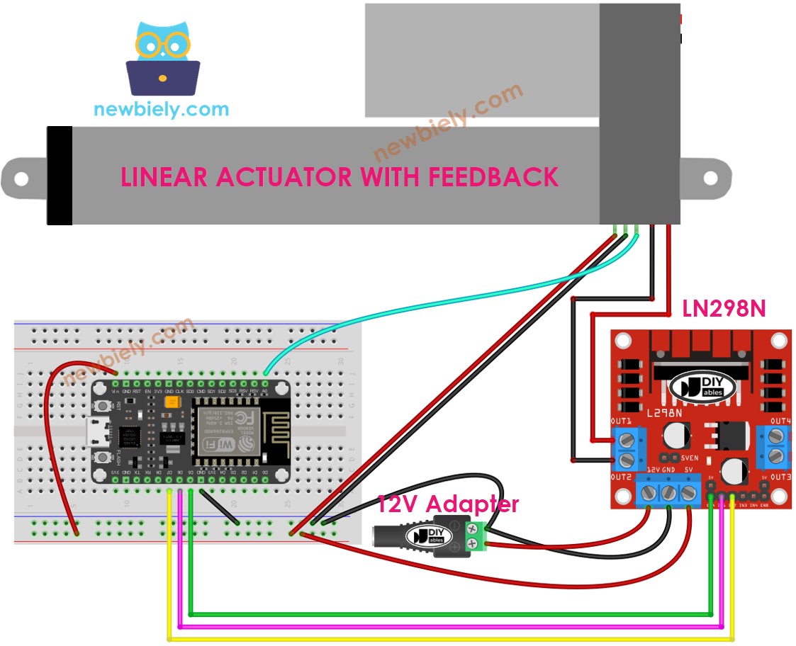 Diagrama de ligação do atuador linear com driver L298N e ESP8266 NodeMCU