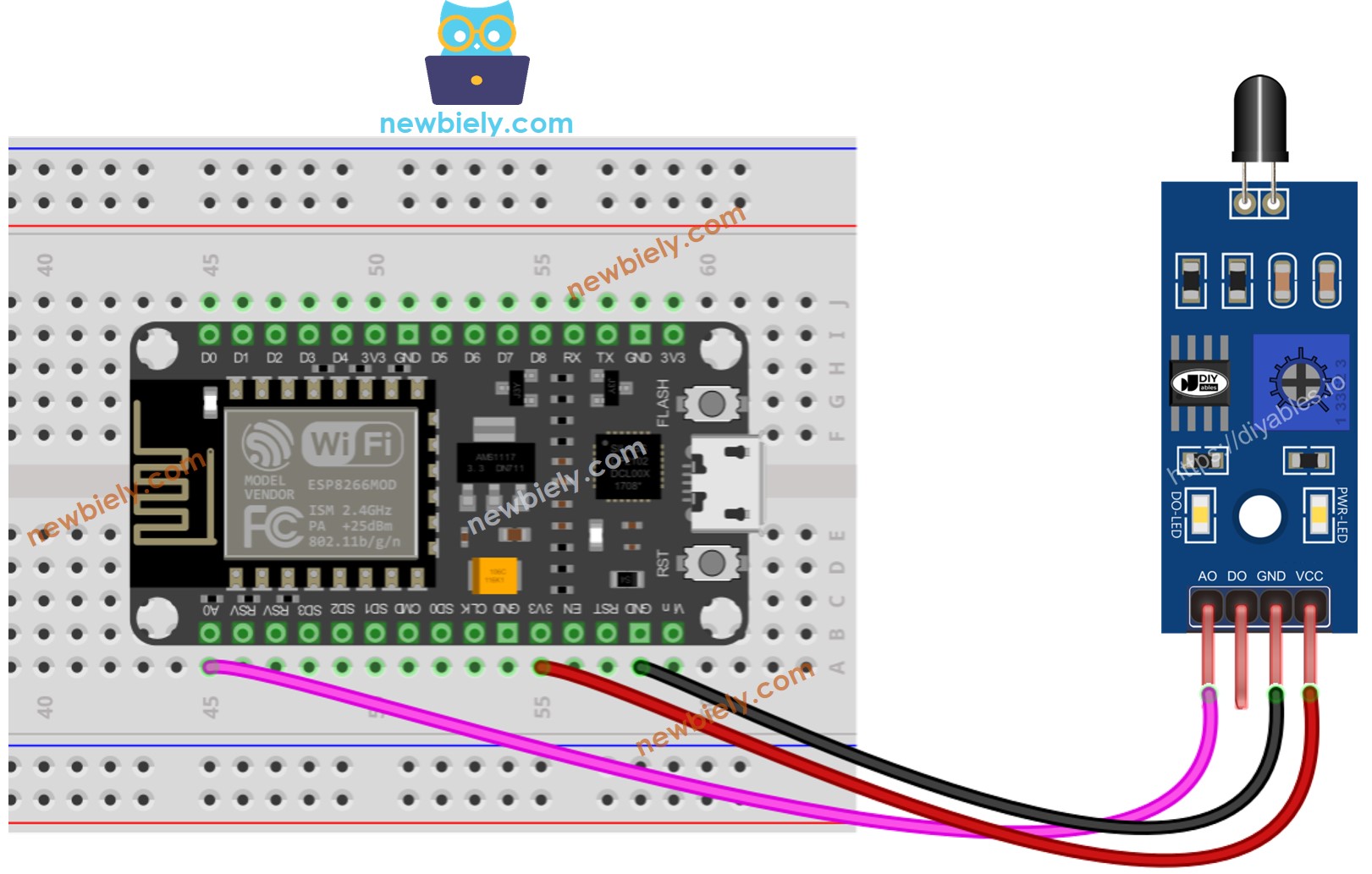 diagrama de ligação do sensor de fogo com ESP8266 NodeMCU