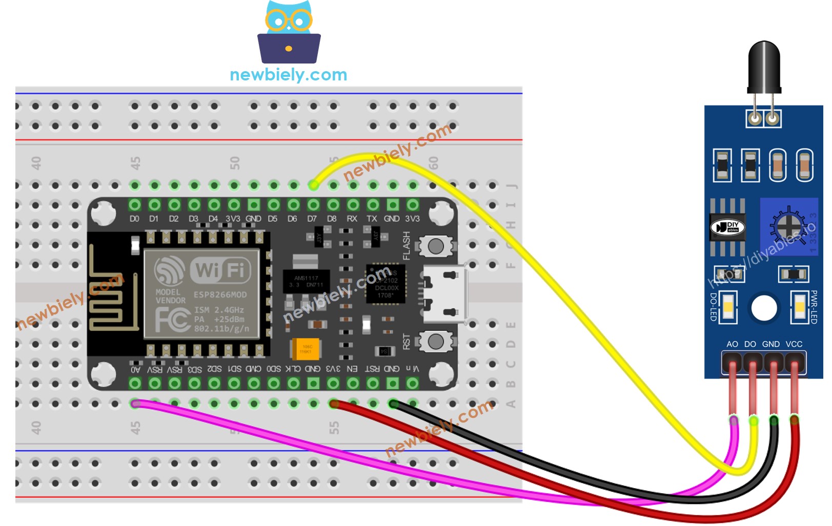 diagrama de ligação do sensor de chama infravermelho com ESP8266 NodeMCU