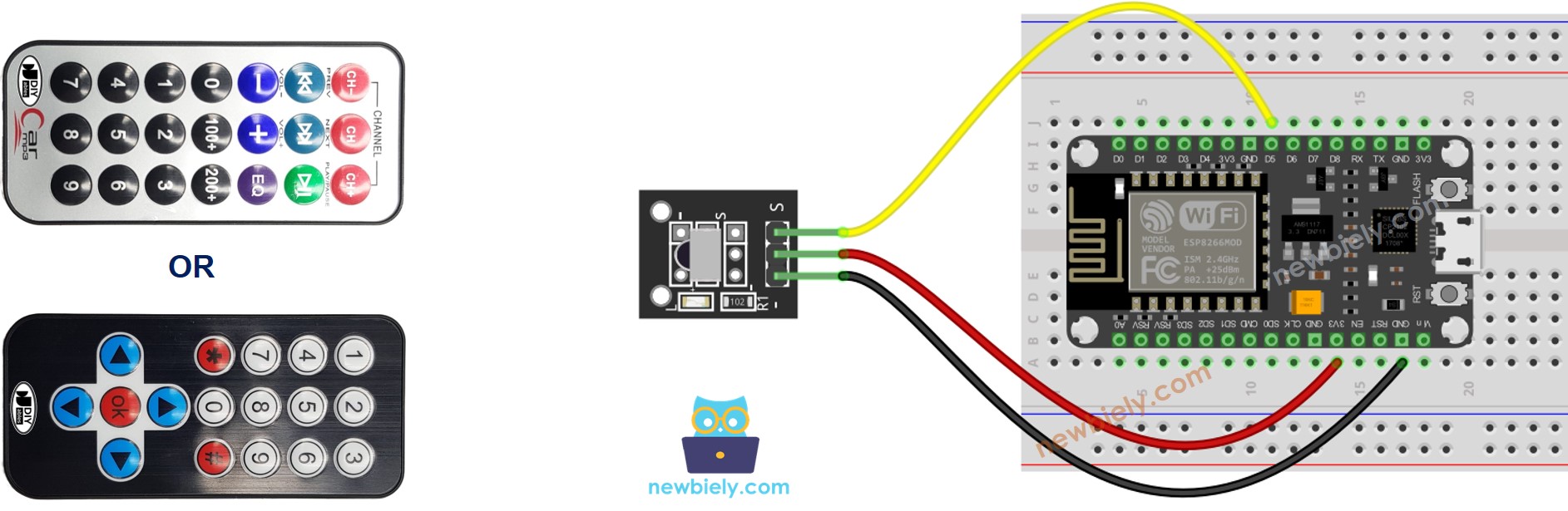 Diagrama de ligação do controle remoto IR com ESP8266 NodeMCU