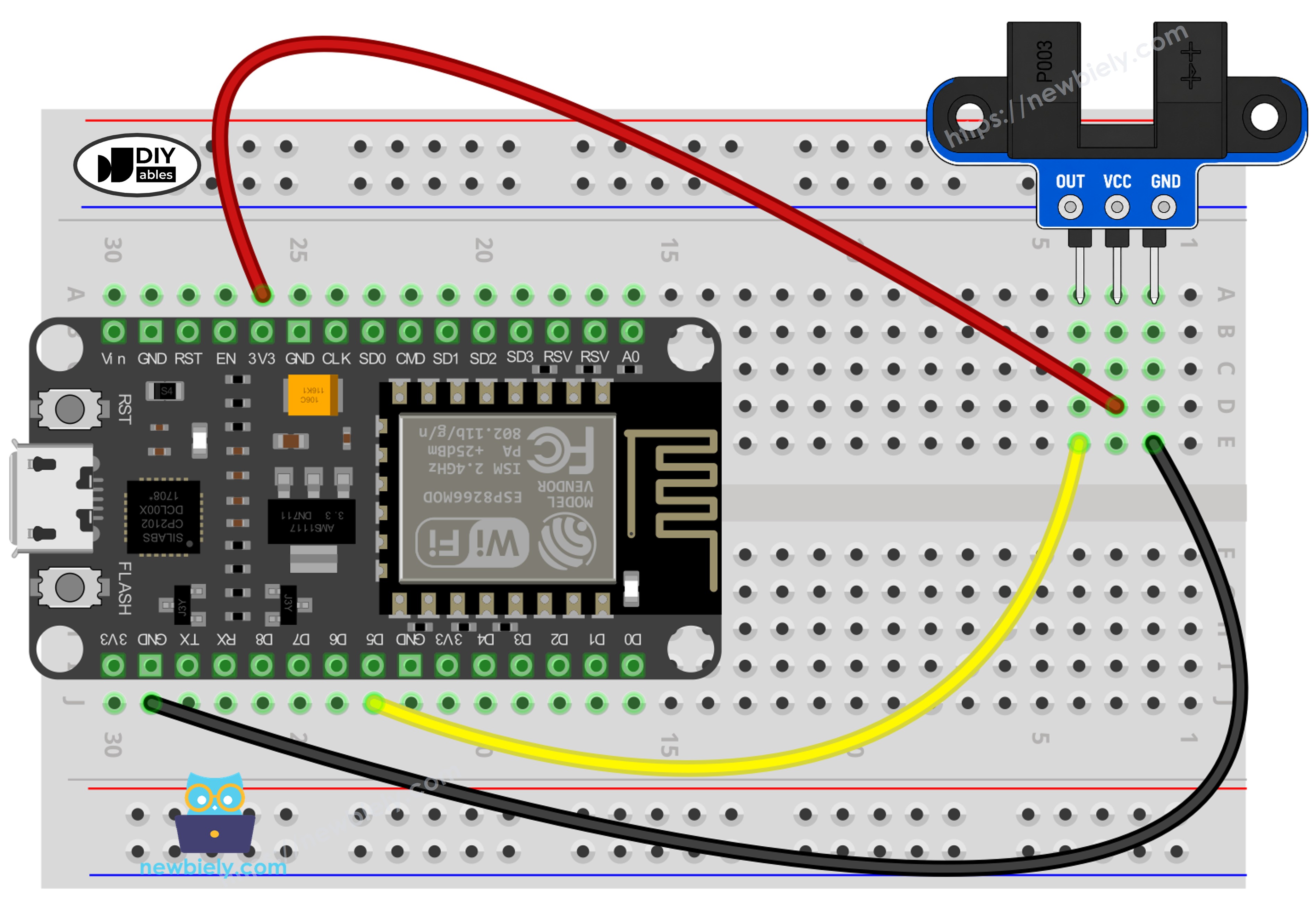 Diagrama de ligação do sensor óptico de velocidade IR com fenda com ESP8266 NodeMCU NodeMCU